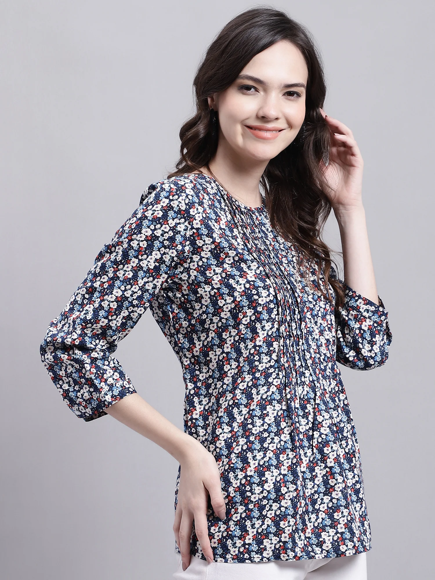 Women's Casual  Multi Color Floral Print Round neck Top - Image 4