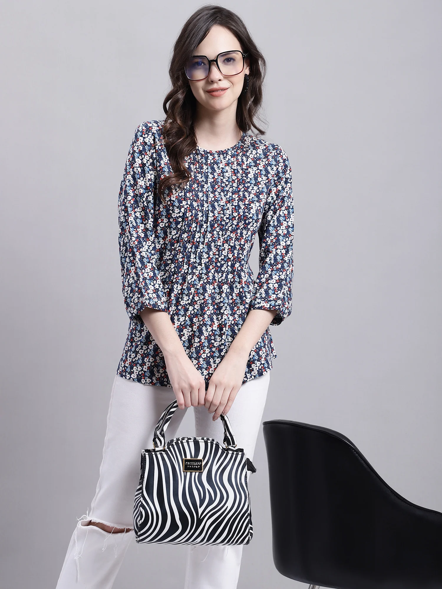 Women's Casual  Multi Color Floral Print Round neck Top - Image 6