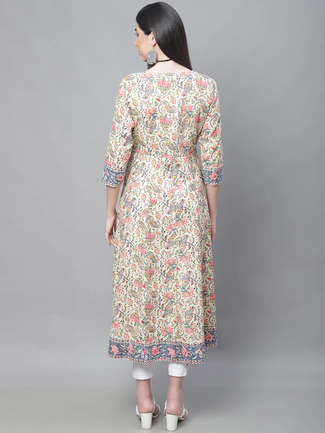 Women's Casual Round Neck Multi Color All Over Printed with Border Calf Length Kurti - Image 2
