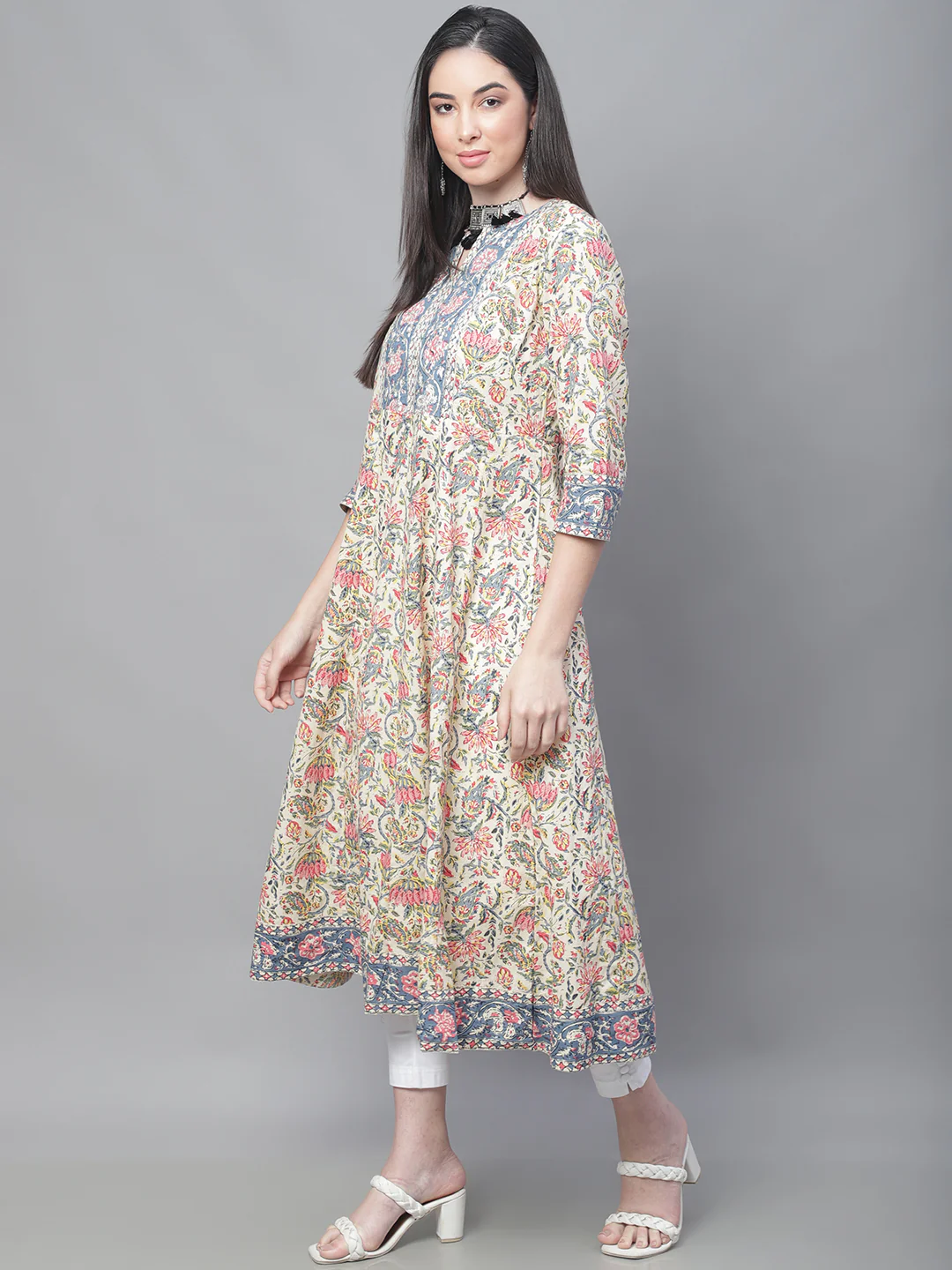 Women's Casual Round Neck Multi Color All Over Printed with Border Calf Length Kurti - Image 3