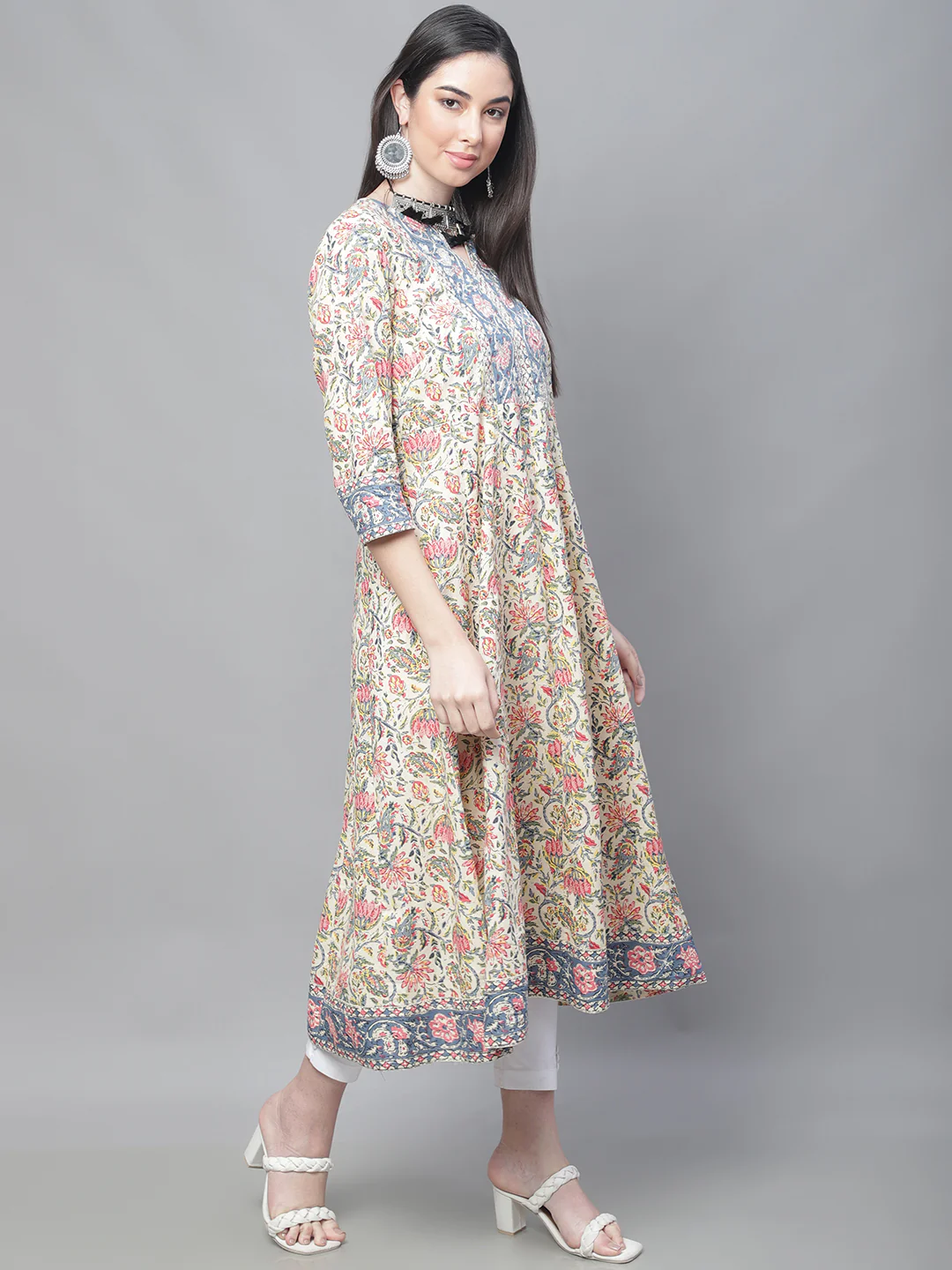 Women's Casual Round Neck Multi Color All Over Printed with Border Calf Length Kurti - Image 4