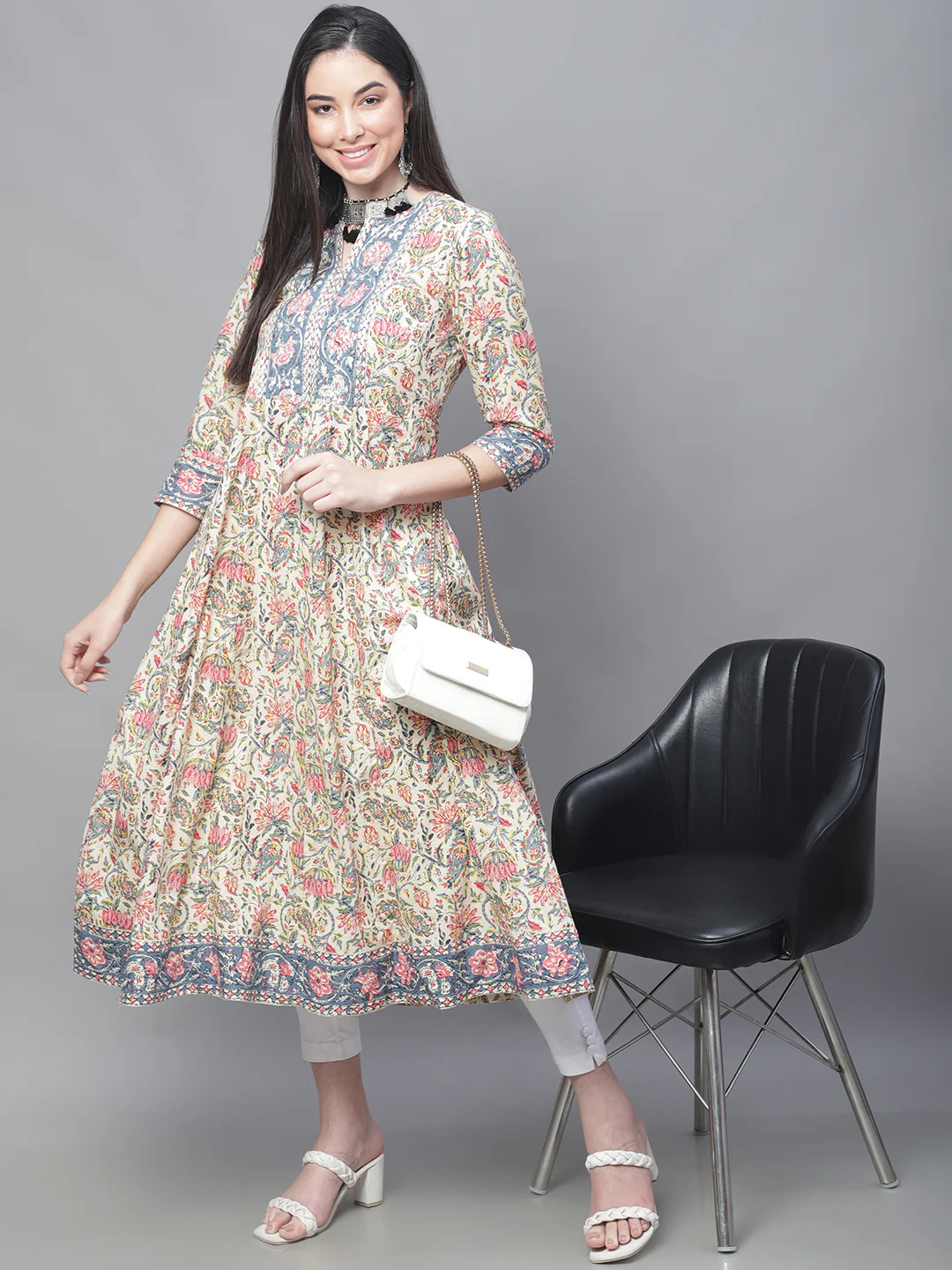 Women's Casual Round Neck Multi Color All Over Printed with Border Calf Length Kurti - Image 5