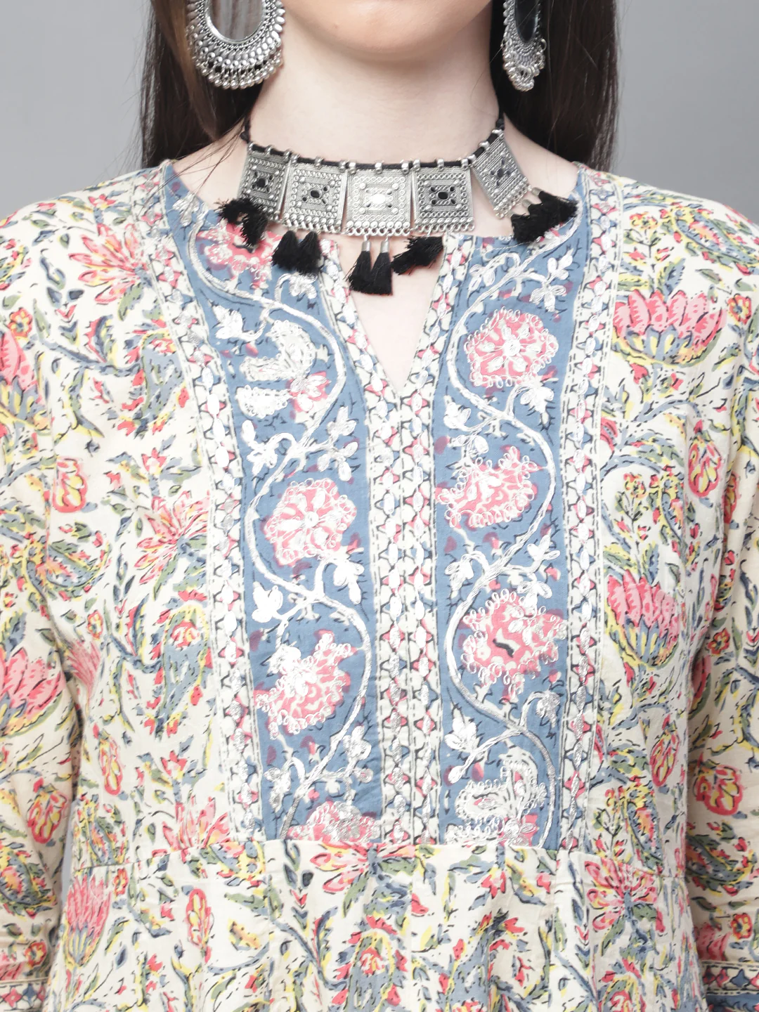 Women's Casual Round Neck Multi Color All Over Printed with Border Calf Length Kurti - Image 6