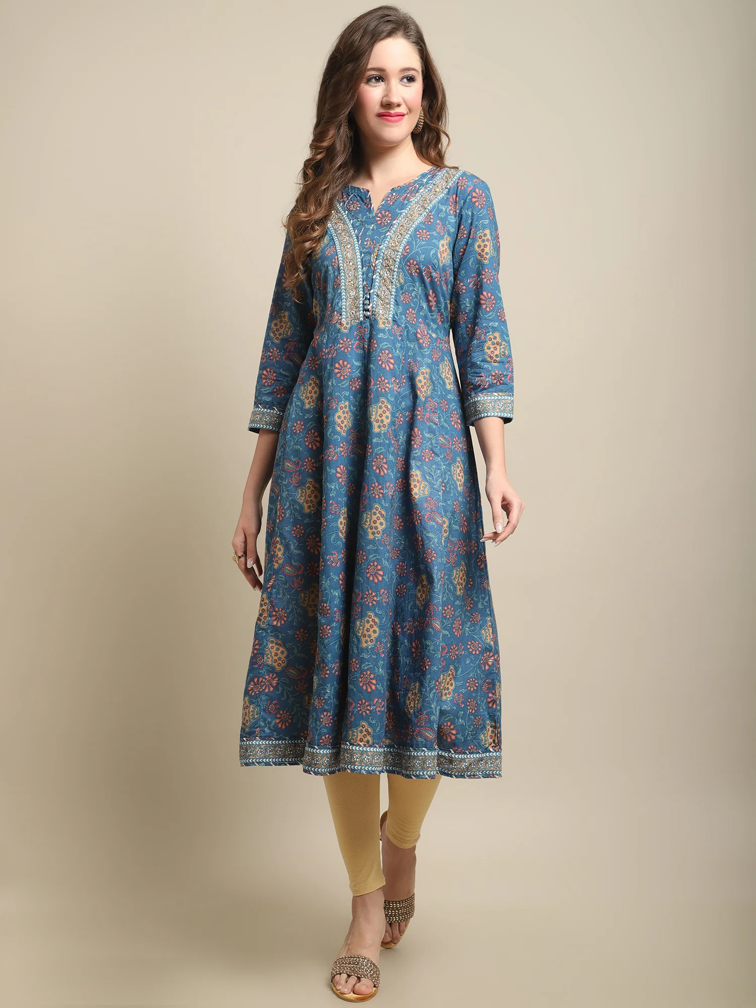 Women's Casual Round Neck Multi Color All Over Printed Calf Length Kurti - Image 2