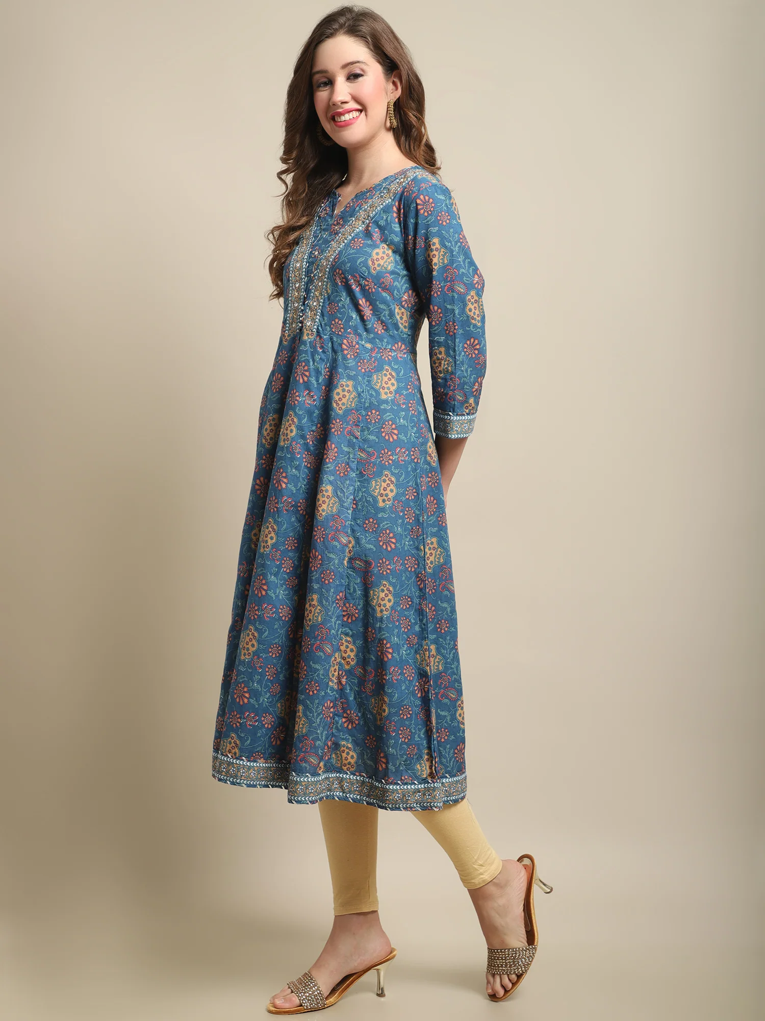 Women's Casual Round Neck Multi Color All Over Printed Calf Length Kurti - Image 4