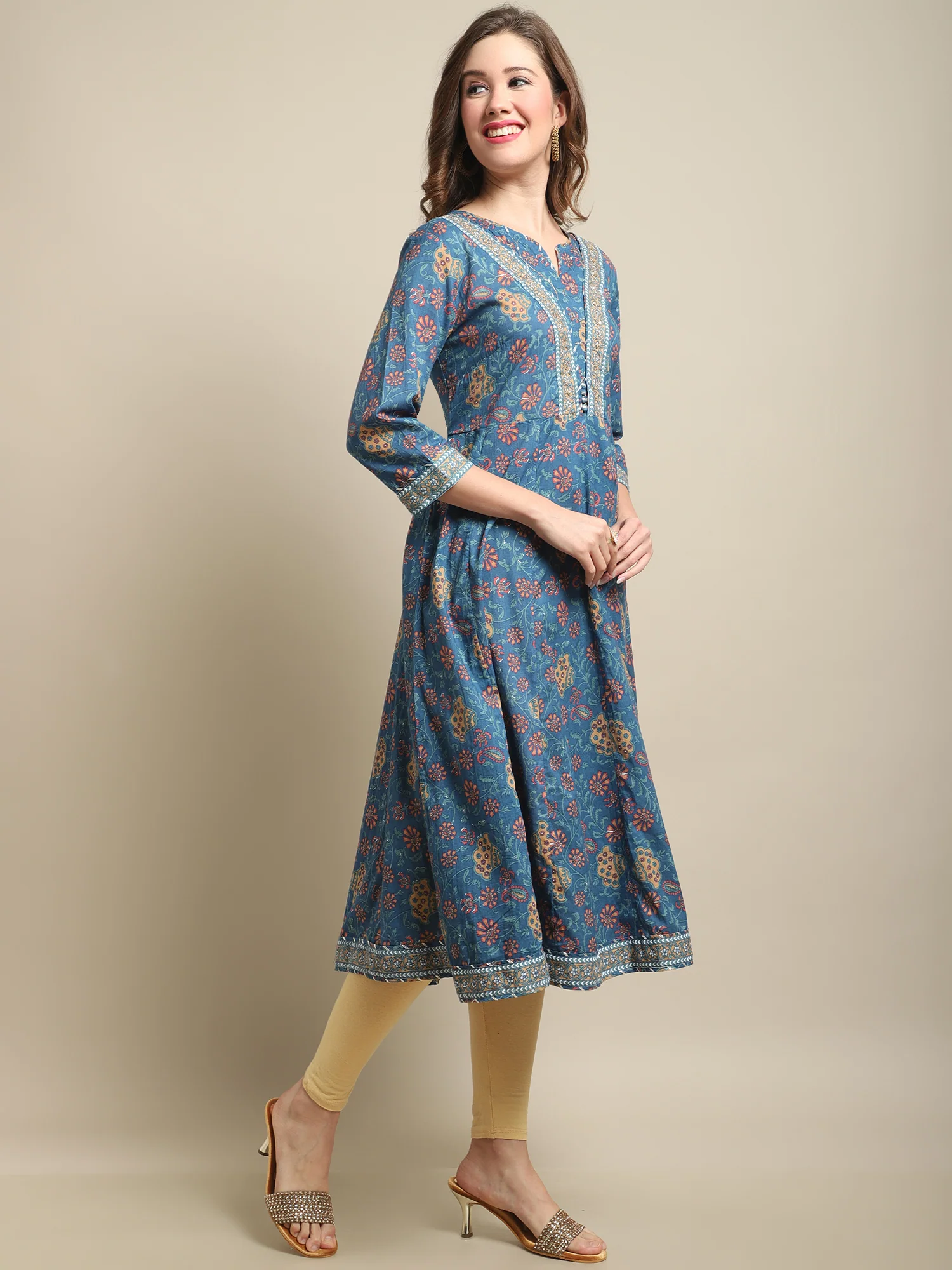 Women's Casual Round Neck Multi Color All Over Printed Calf Length Kurti - Image 5