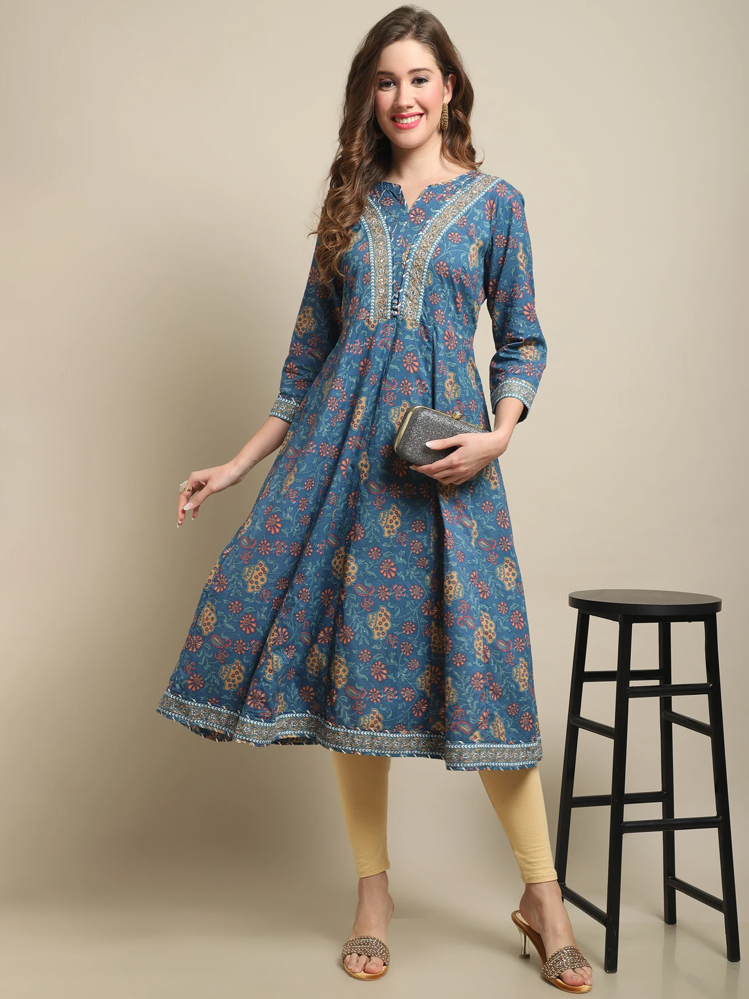 Women's Casual Round Neck Multi Color All Over Printed Calf Length Kurti - Image 6