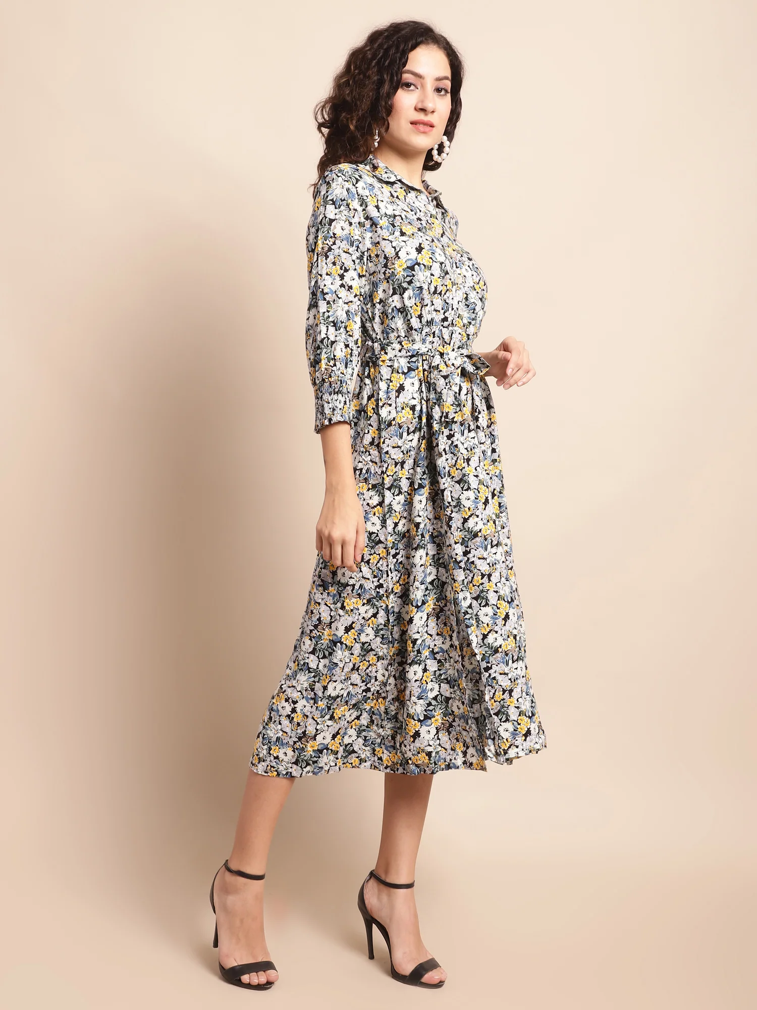 Women's Casual Shirt collar Multi Color Floral Print Fit & Flared Dress - Image 3