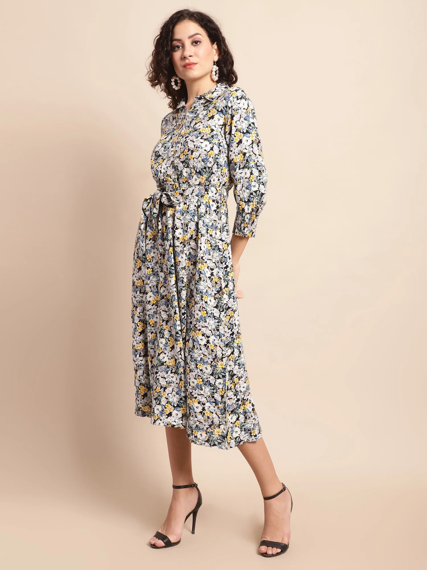 Women's Casual Shirt collar Multi Color Floral Print Fit & Flared Dress - Image 4