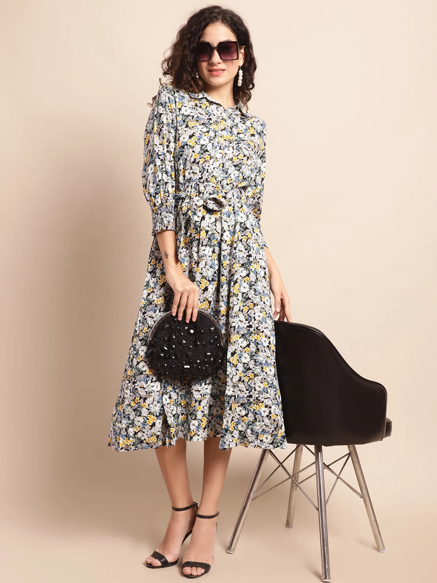 Women's Casual Shirt collar Multi Color Floral Print Fit & Flared Dress - Image 5