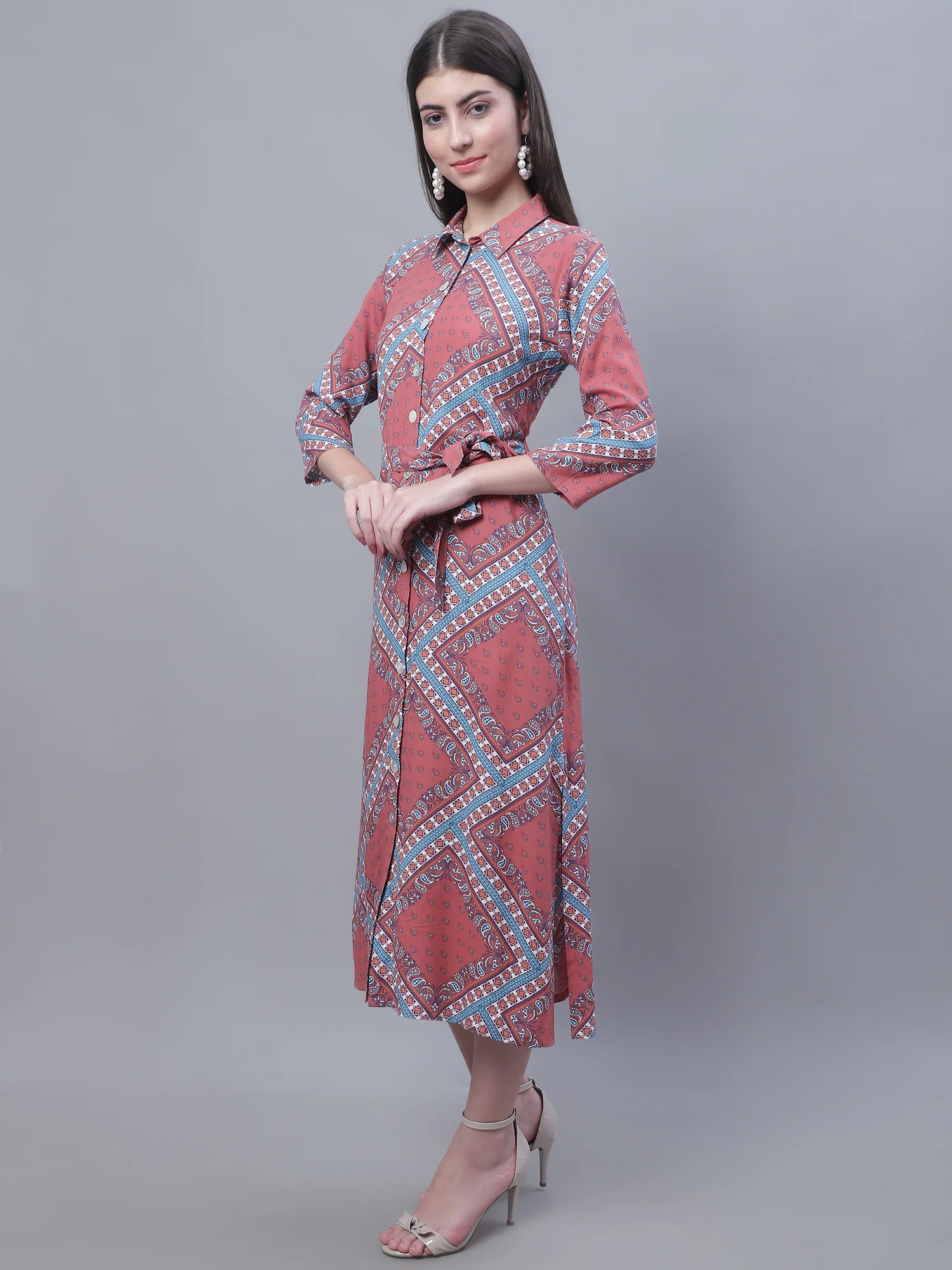 Women's Casual Shirt collar Multi Color Geometric Print Shirt Dress - Image 3