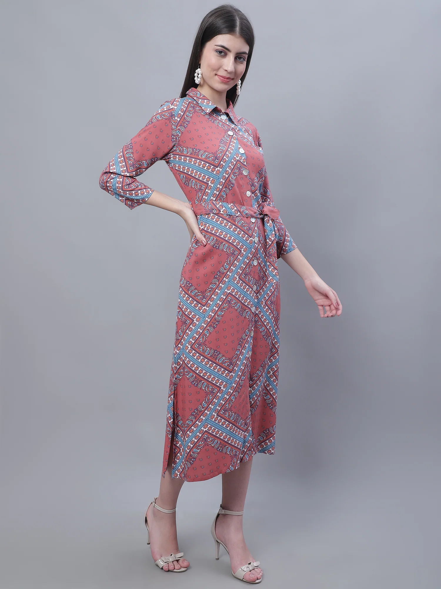 Women's Casual Shirt collar Multi Color Geometric Print Shirt Dress - Image 4