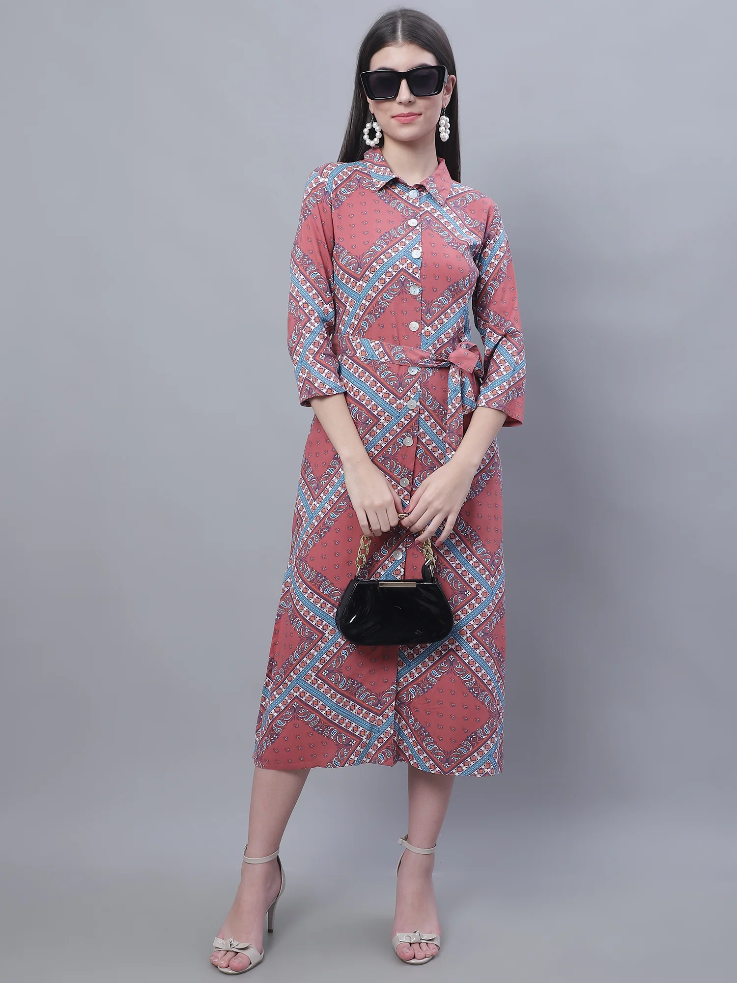 Women's Casual Shirt collar Multi Color Geometric Print Shirt Dress - Image 5