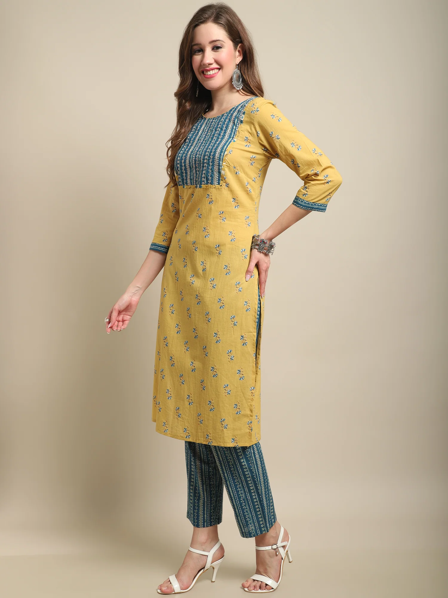 Women's Casual  Mustard Printed & Embroidered  Palazzo Set - Image 3