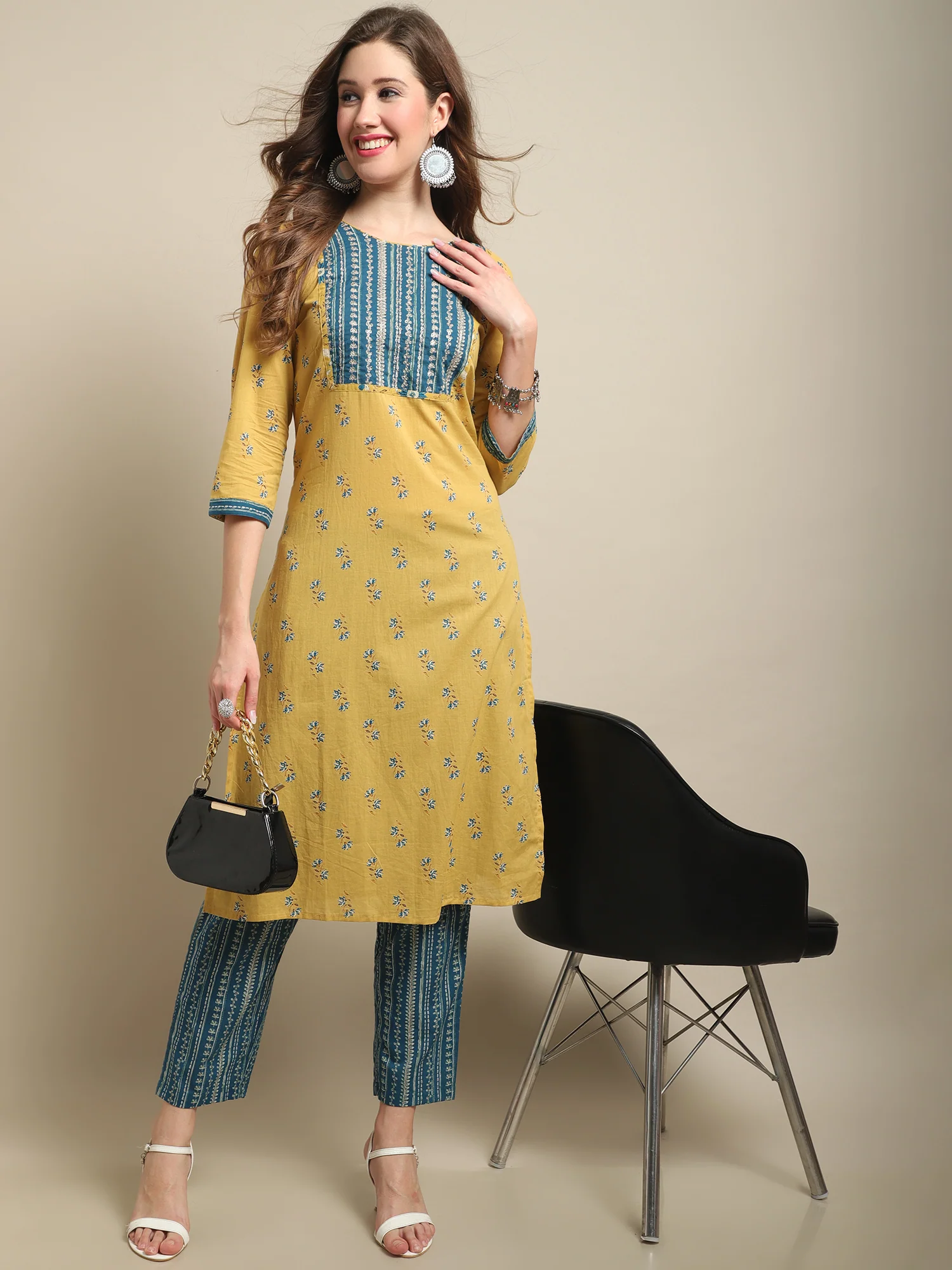 Women's Casual  Mustard Printed & Embroidered  Palazzo Set - Image 5