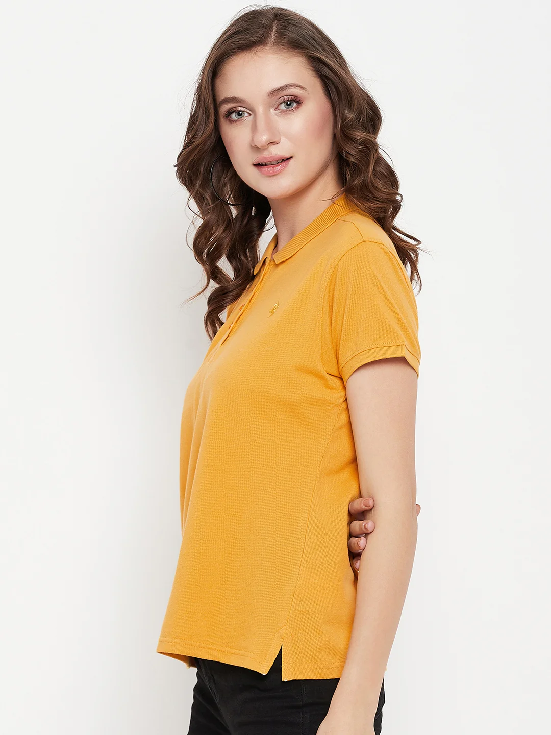 Women's Casual Regular Short Sleeve Mustard Polo neck  T-Shirt - Image 3