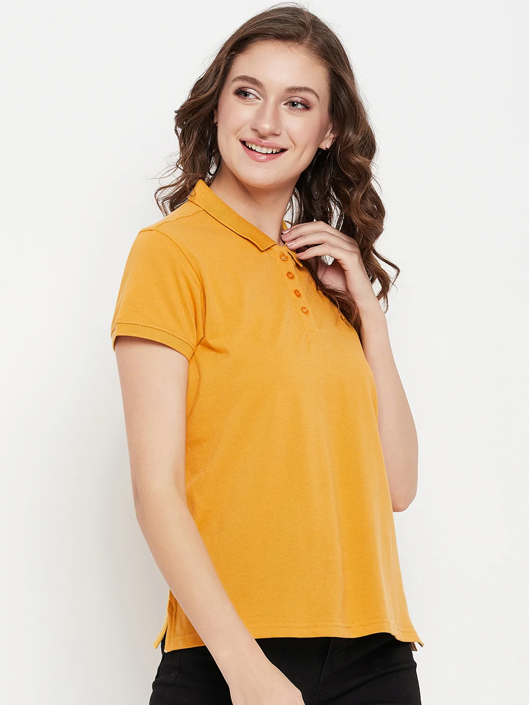 Women's Casual Regular Short Sleeve Mustard Polo neck  T-Shirt - Image 4