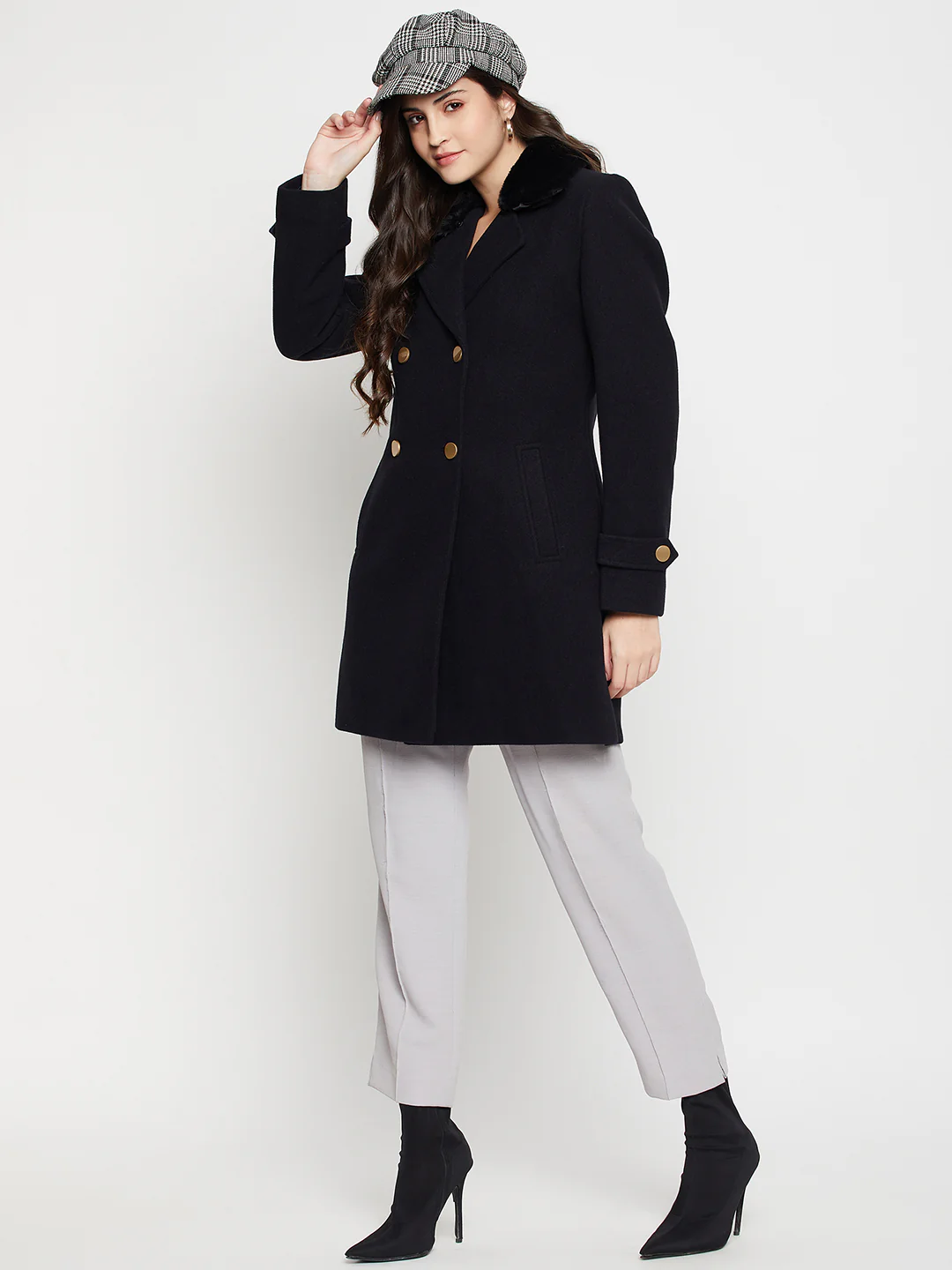 Women's Casual  Navy Blue Double breasted Notched Lapel Collar with Faux Fur insert Long Coat - Image 2