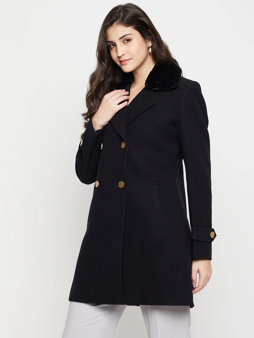 Women's Casual  Navy Blue Double breasted Notched Lapel Collar with Faux Fur insert Long Coat - Image 3