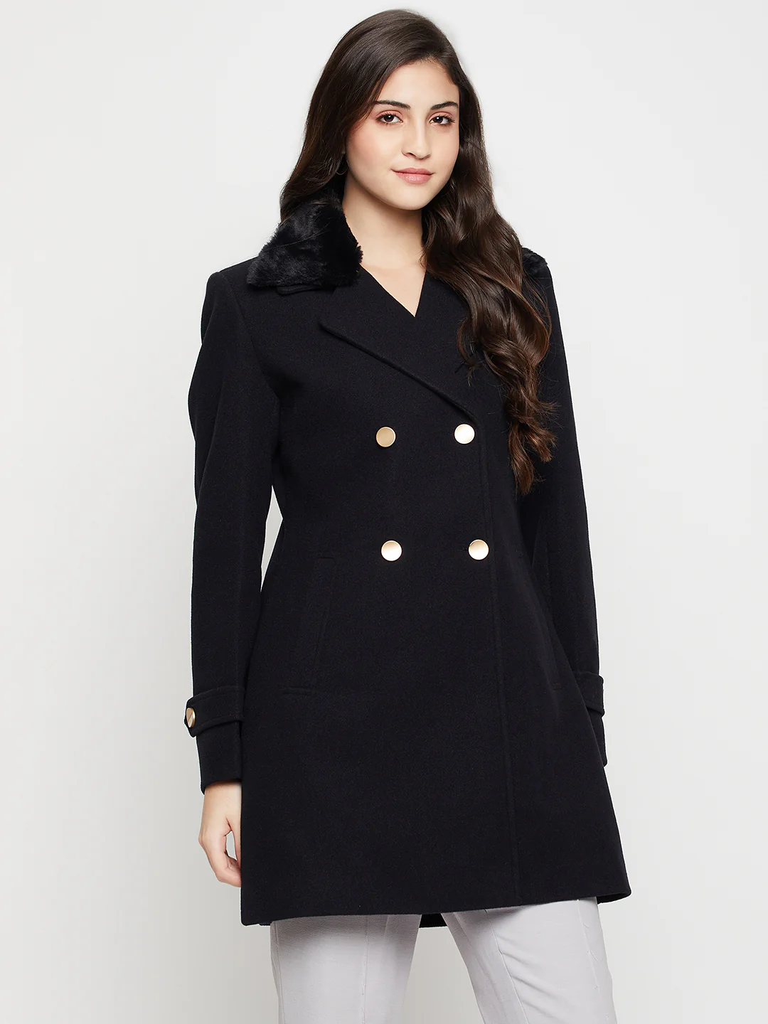 Women's Casual  Navy Blue Double breasted Notched Lapel Collar with Faux Fur insert Long Coat - Image 4