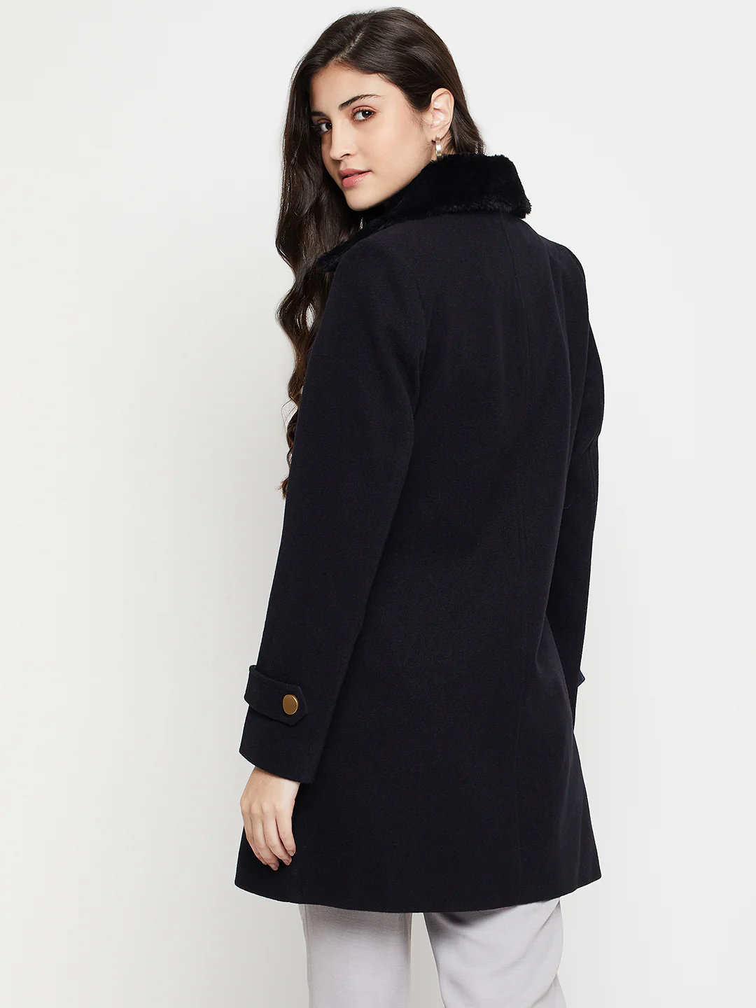 Women's Casual  Navy Blue Double breasted Notched Lapel Collar with Faux Fur insert Long Coat - Image 5