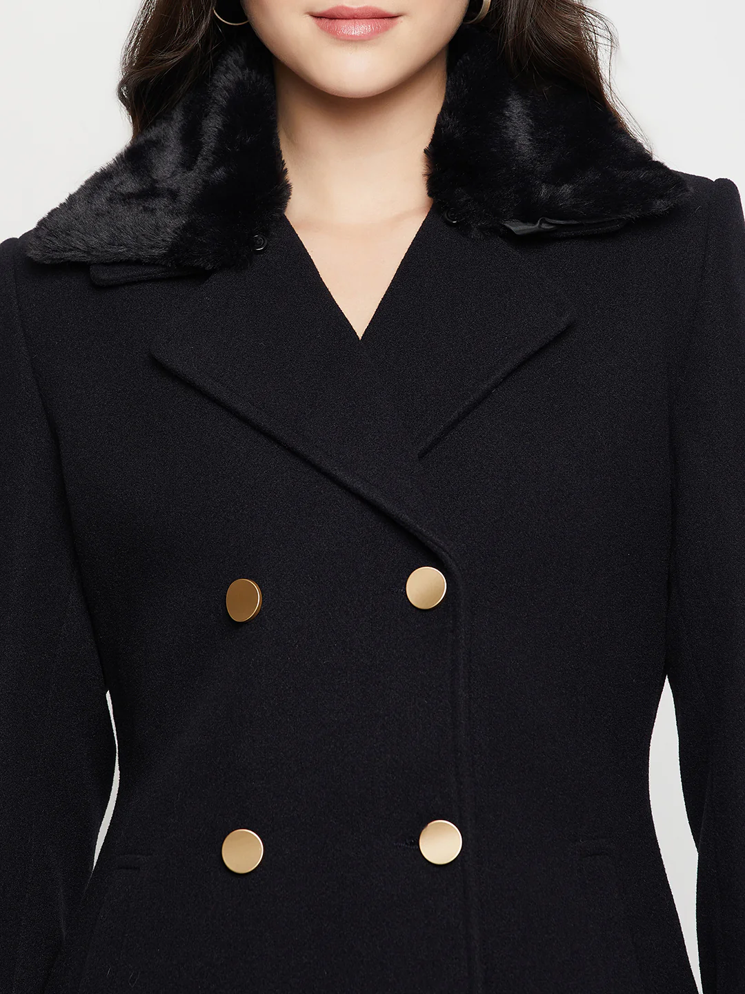 Women's Casual  Navy Blue Double breasted Notched Lapel Collar with Faux Fur insert Long Coat - Image 6