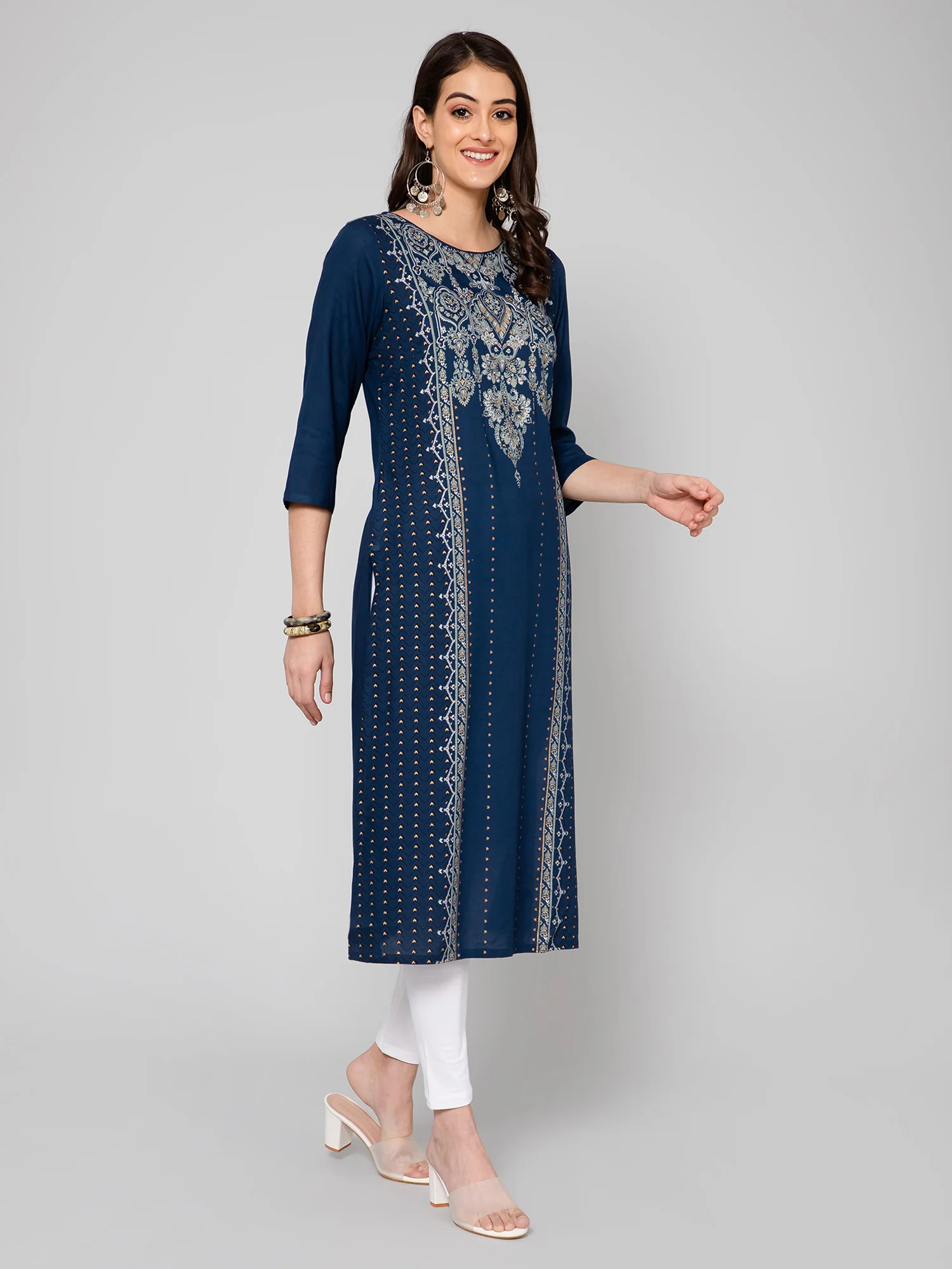 Women's Casual Round neck Navy Blue Printed & Embroidered Calf length Kurti - Image 2