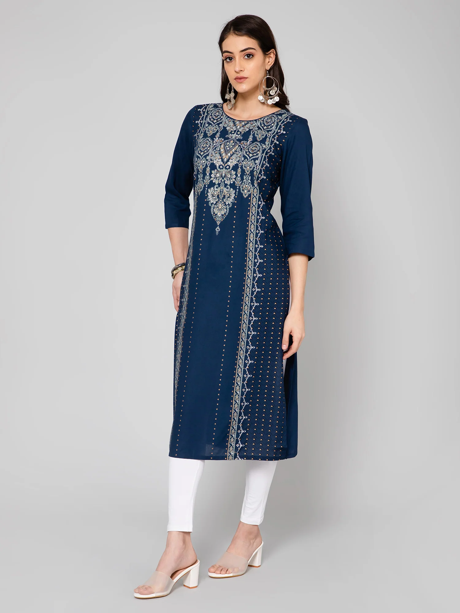 Women's Casual Round neck Navy Blue Printed & Embroidered Calf length Kurti - Image 3