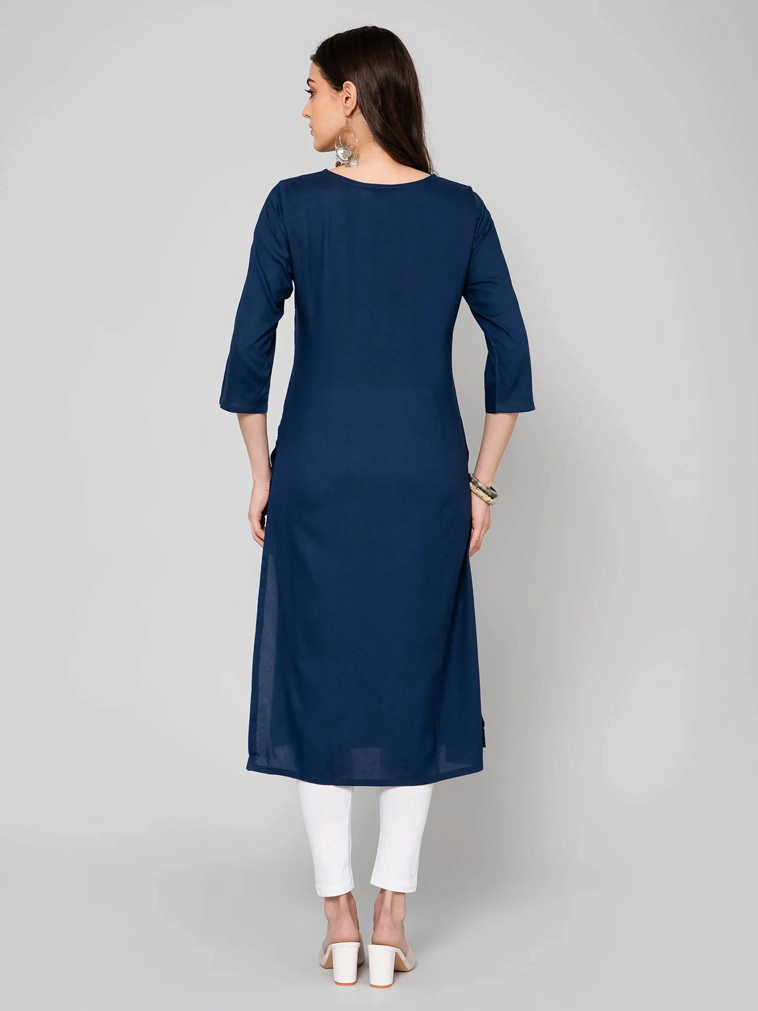 Women's Casual Round neck Navy Blue Printed & Embroidered Calf length Kurti - Image 4
