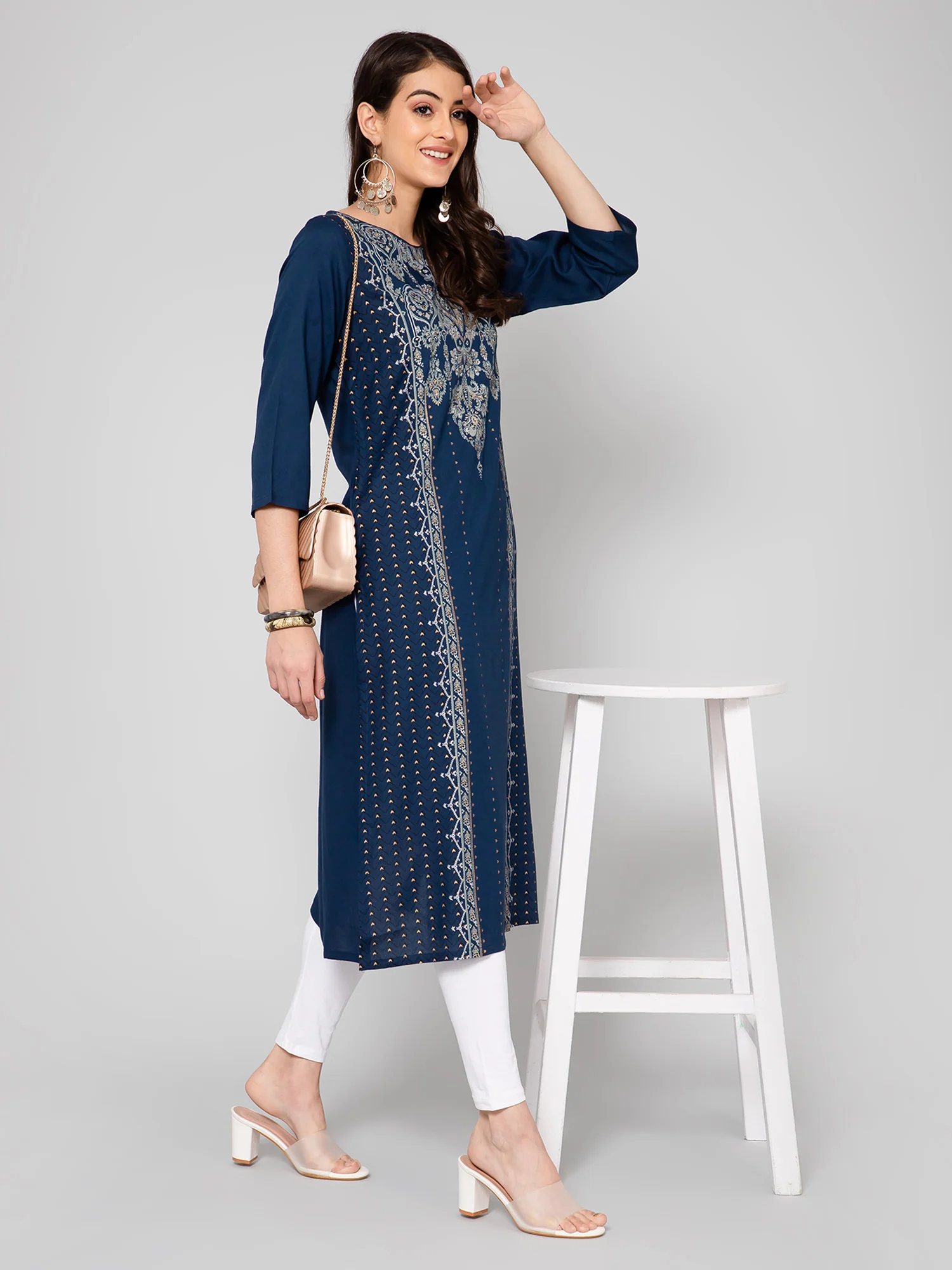 Women's Casual Round neck Navy Blue Printed & Embroidered Calf length Kurti - Image 5