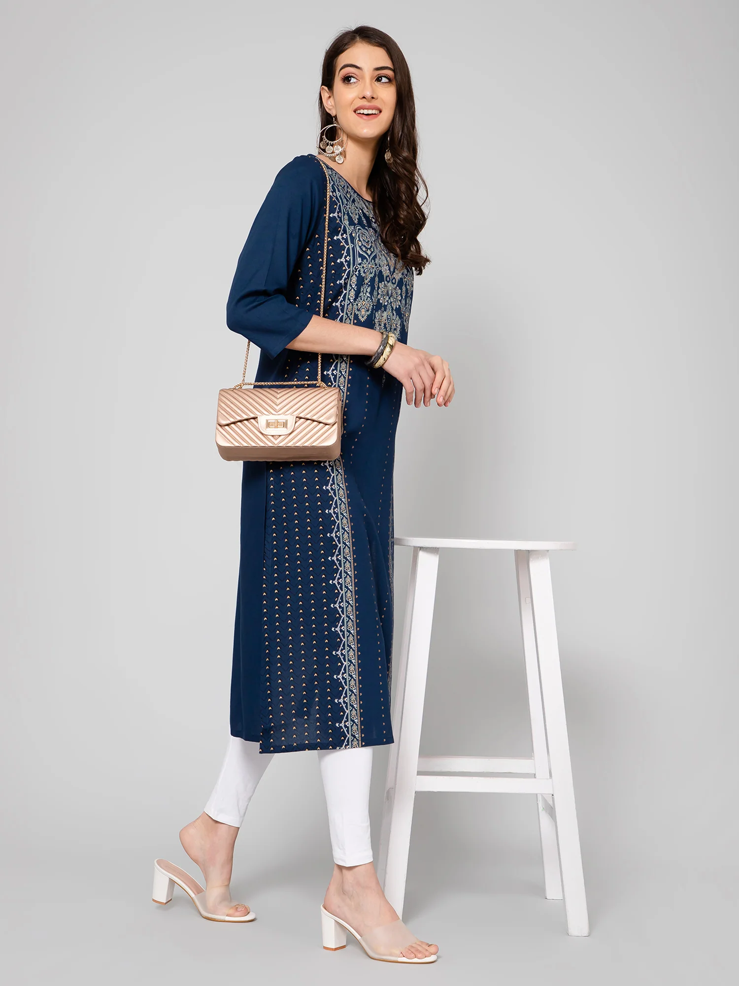 Women's Casual Round neck Navy Blue Printed & Embroidered Calf length Kurti - Image 6