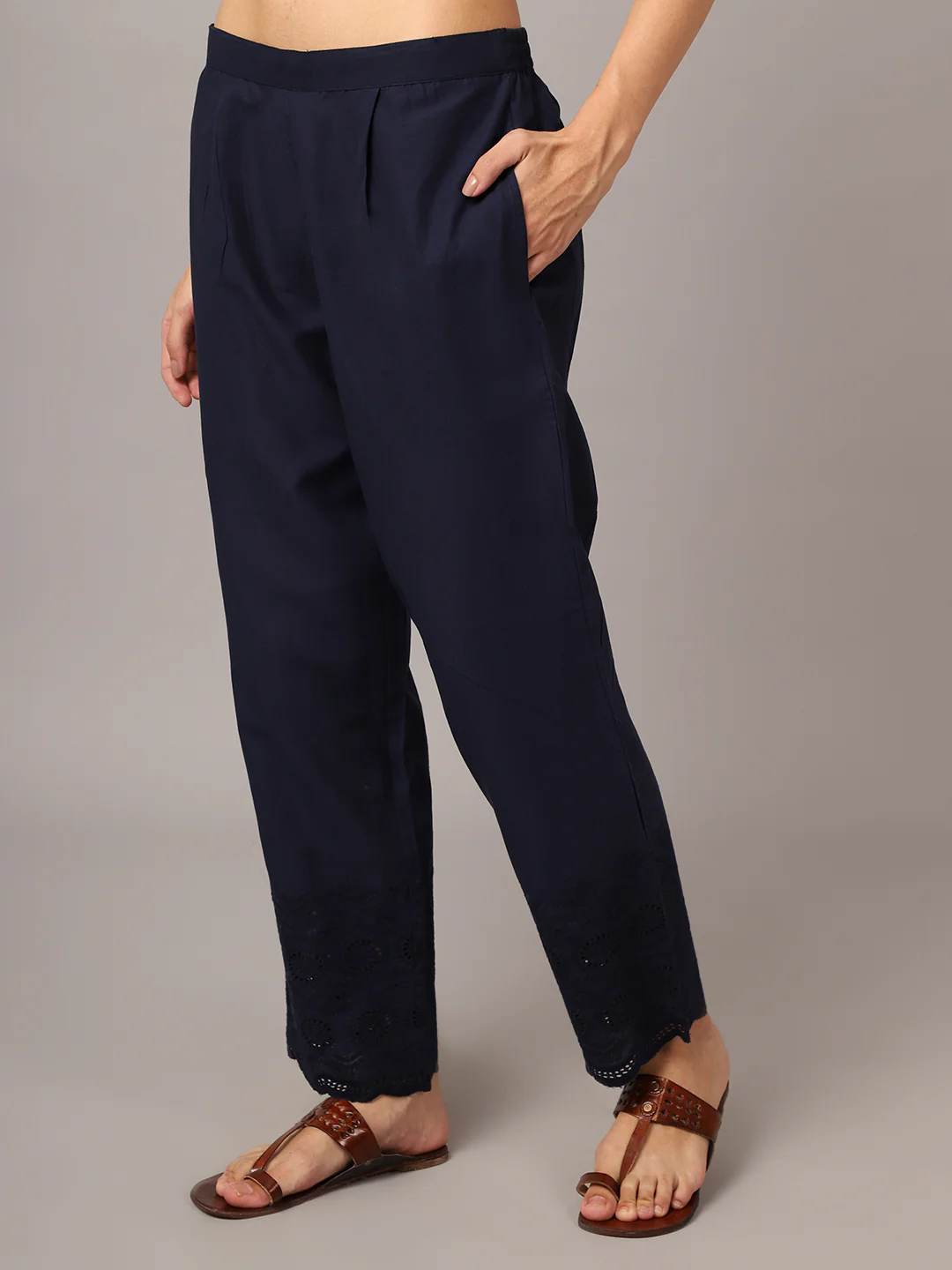 Women's Casual Regular Fit Navy Blue Pleated Front Mid rise Ethnic Pant - Image 2