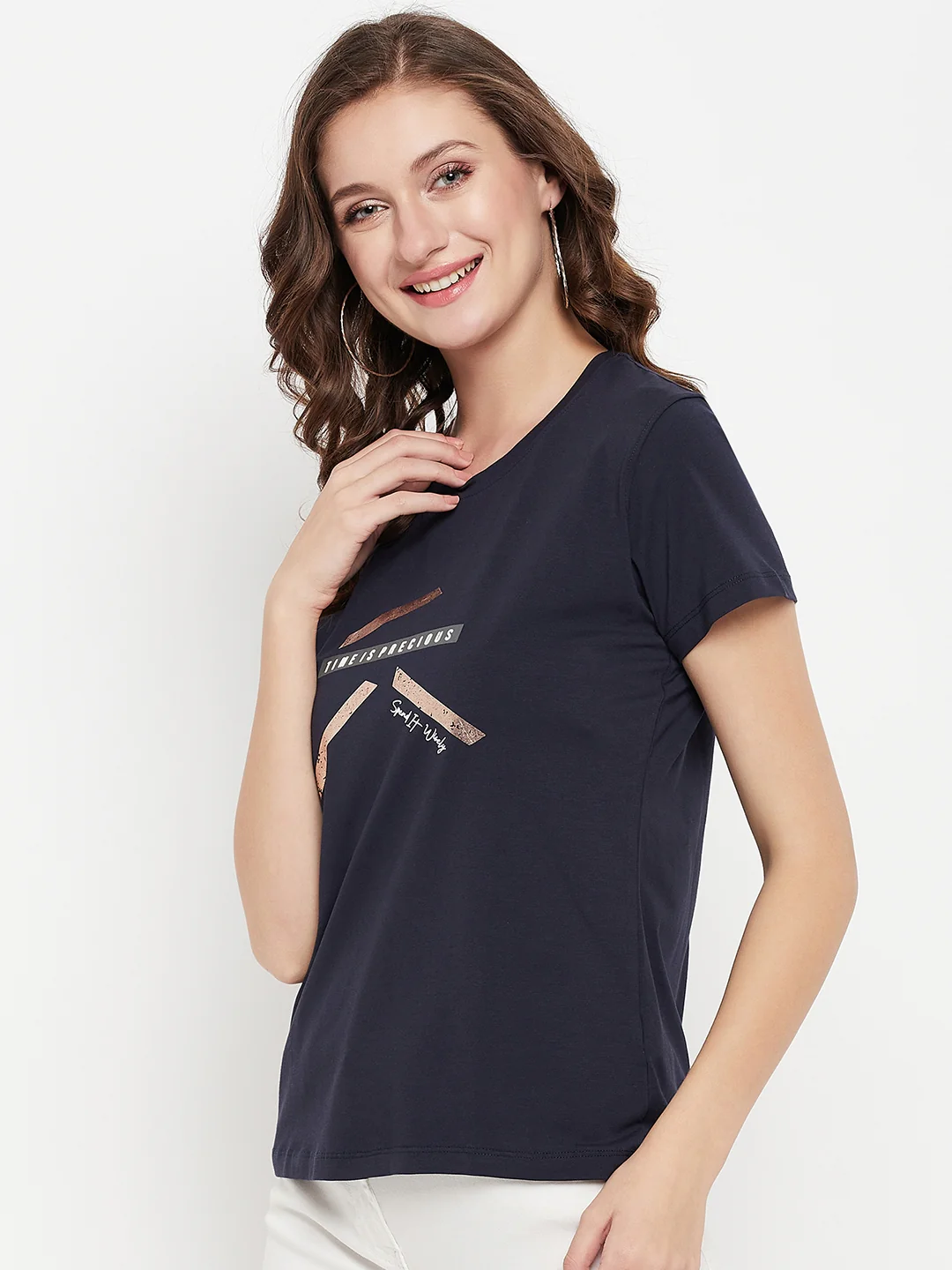 Women's Casual Regular Short Sleeve Navy Blue Round neck Graphic print T-Shirt - Image 3