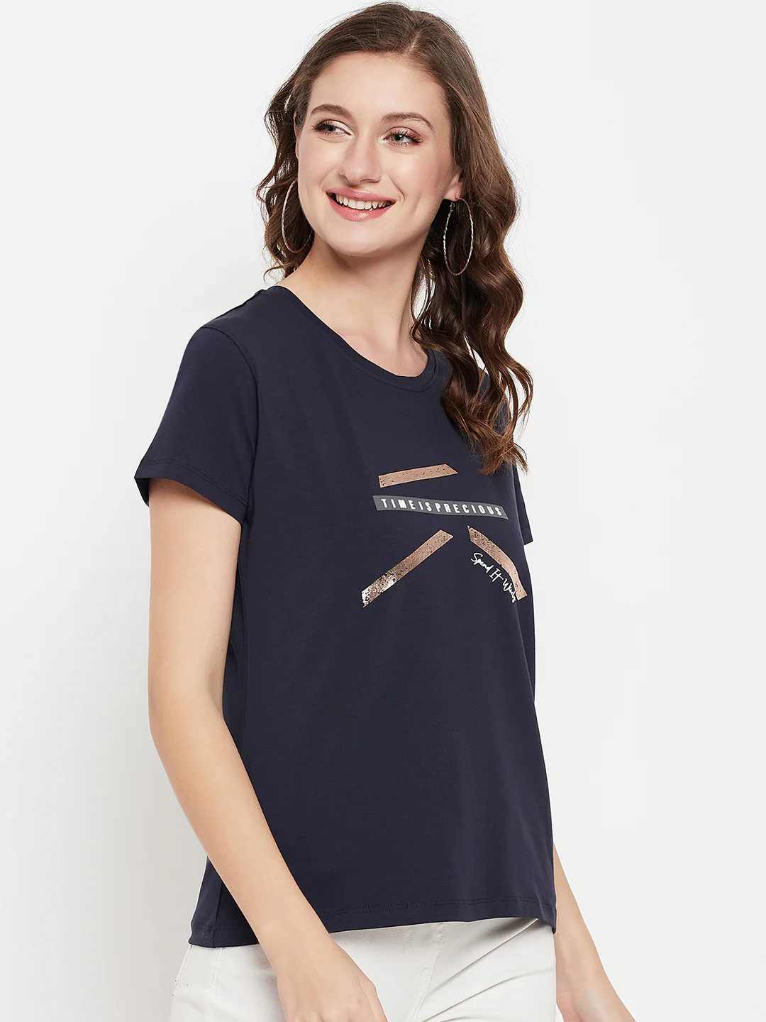 Women's Casual Regular Short Sleeve Navy Blue Round neck Graphic print T-Shirt - Image 4