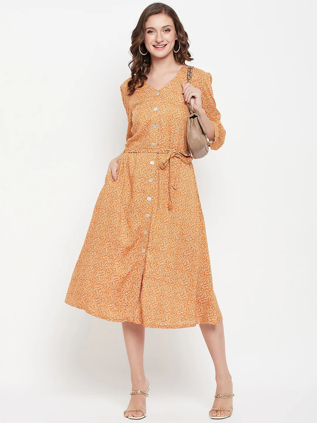 Women's Casual V neck Orange Ditsy Floral Print Fit & Flared Dress - Image 2