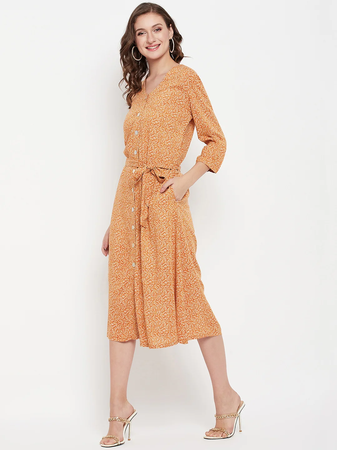 Women's Casual V neck Orange Ditsy Floral Print Fit & Flared Dress - Image 3
