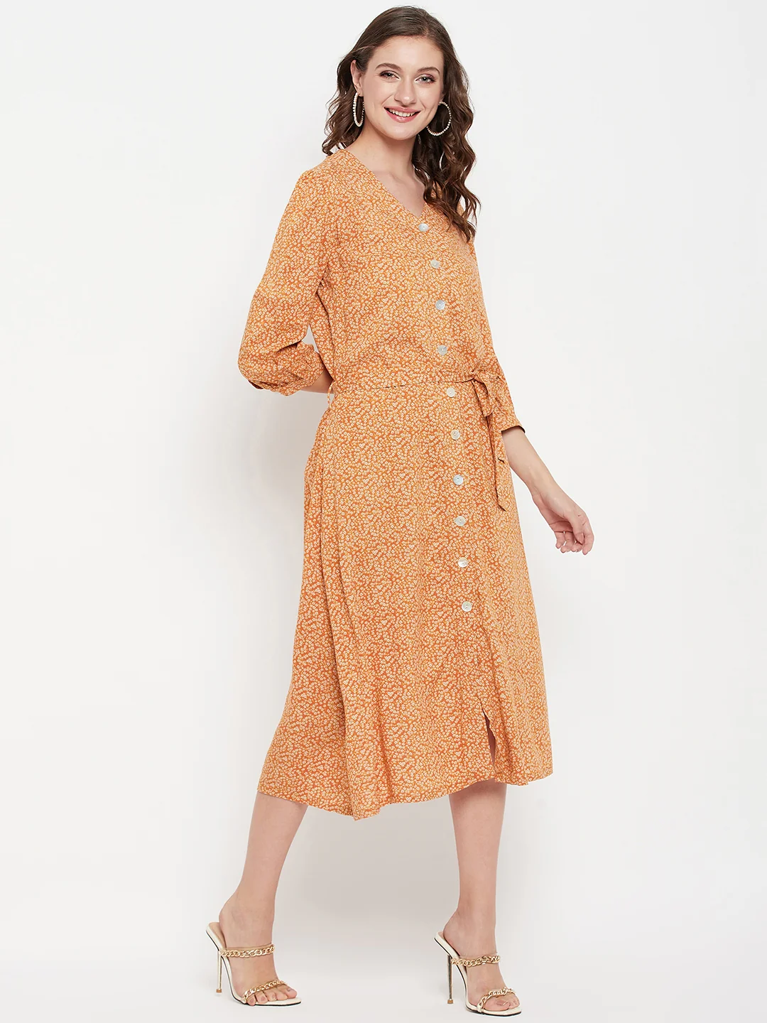 Women's Casual V neck Orange Ditsy Floral Print Fit & Flared Dress - Image 4