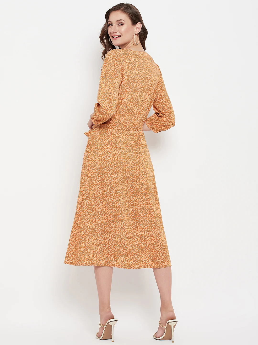 Women's Casual V neck Orange Ditsy Floral Print Fit & Flared Dress - Image 5