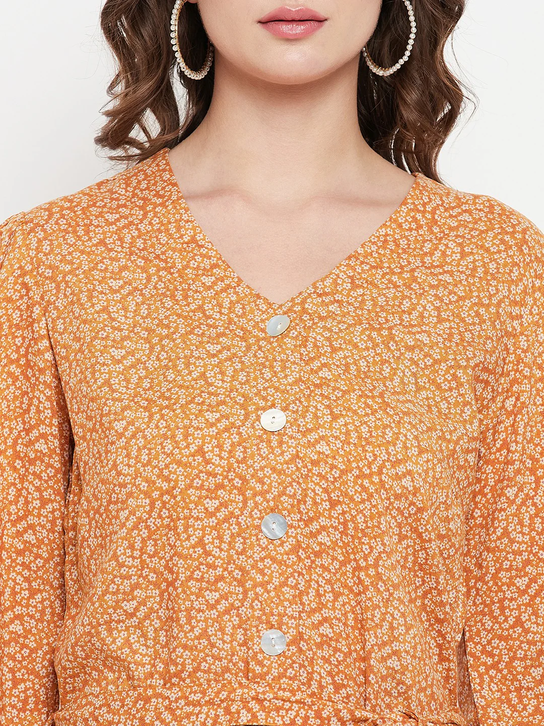 Women's Casual V neck Orange Ditsy Floral Print Fit & Flared Dress - Image 6