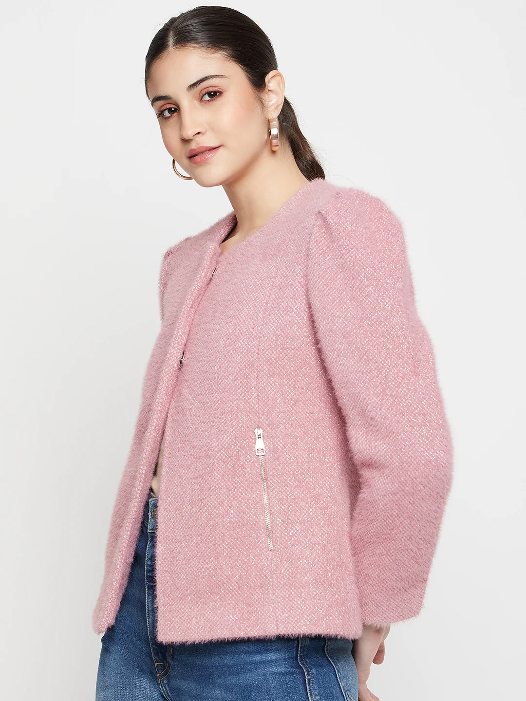 Women's   Pink Single breasted  Round neck  Blazer - Image 3