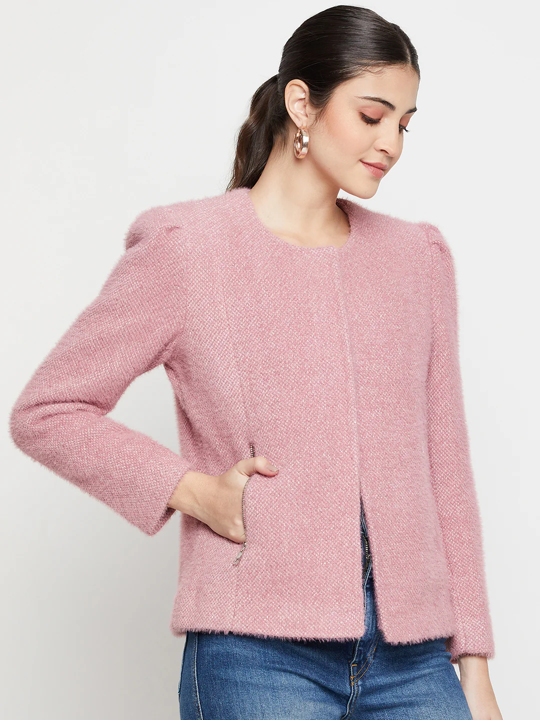 Women's   Pink Single breasted  Round neck  Blazer - Image 4
