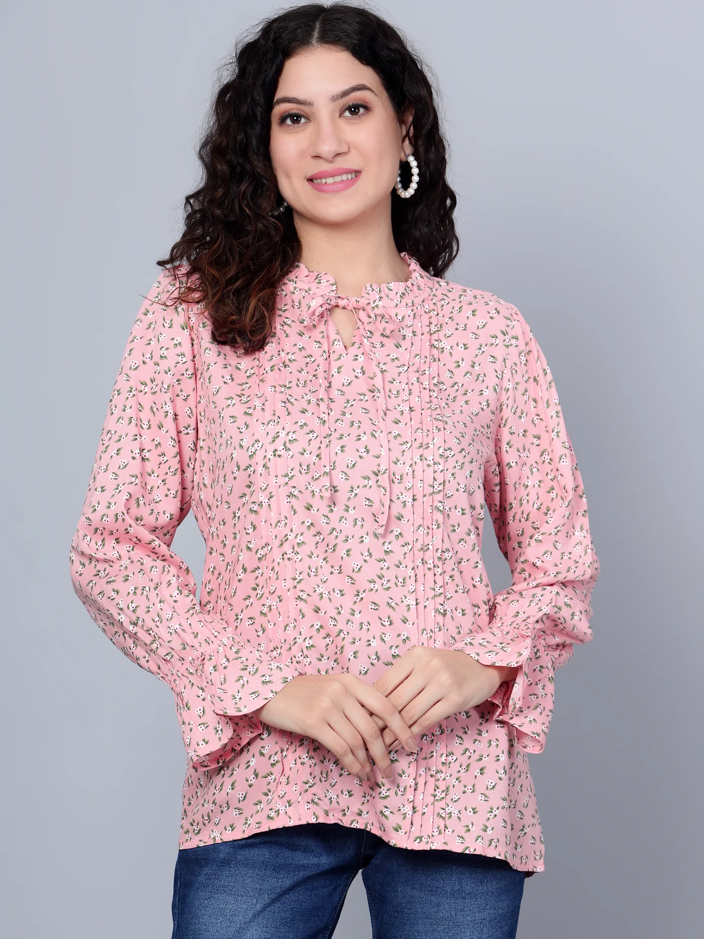 Women's Casual Pink Floral Print Mandarin Collar with tie Top