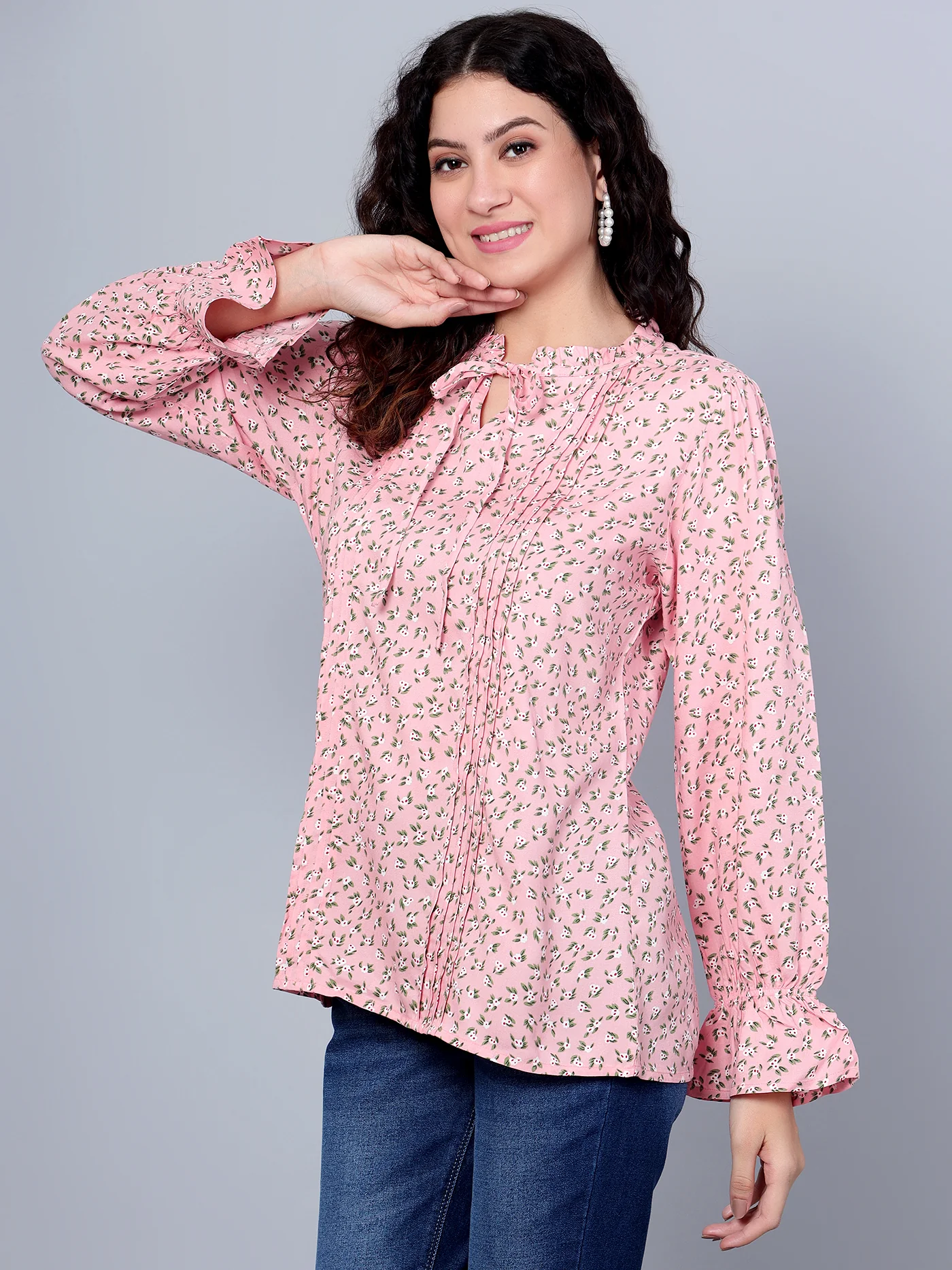 Women's Casual Pink Floral Print Mandarin Collar with tie Top - Image 2