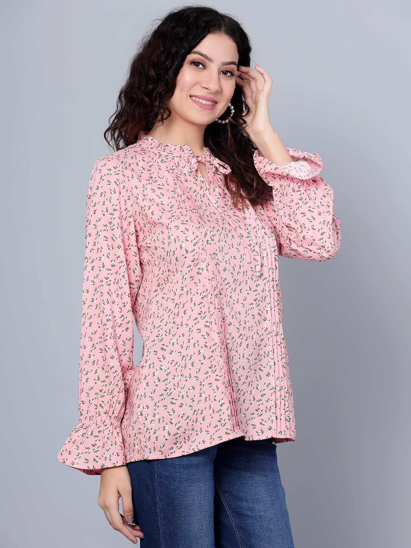 Women's Casual Pink Floral Print Mandarin Collar with tie Top - Image 3