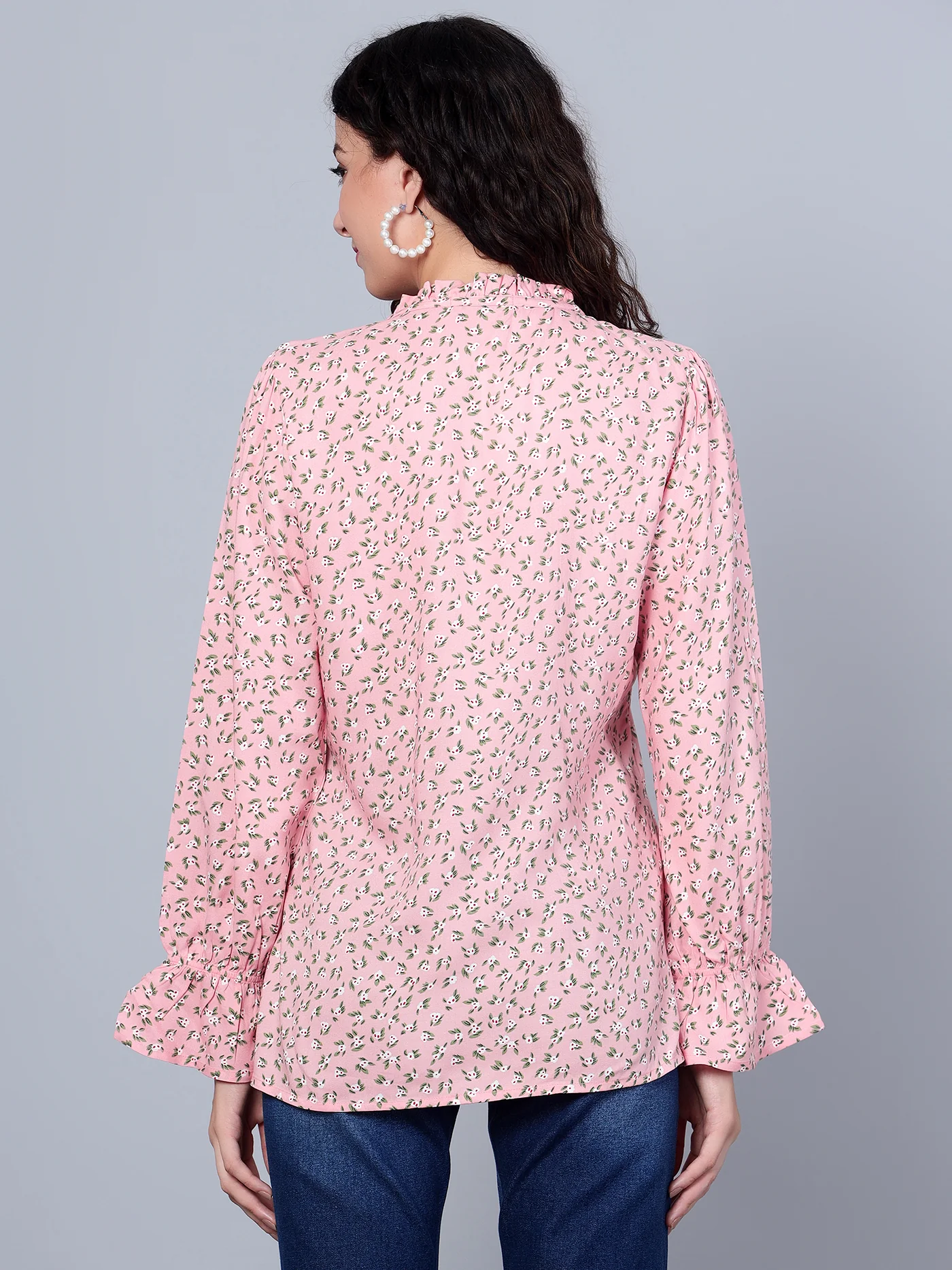 Women's Casual Pink Floral Print Mandarin Collar with tie Top - Image 4