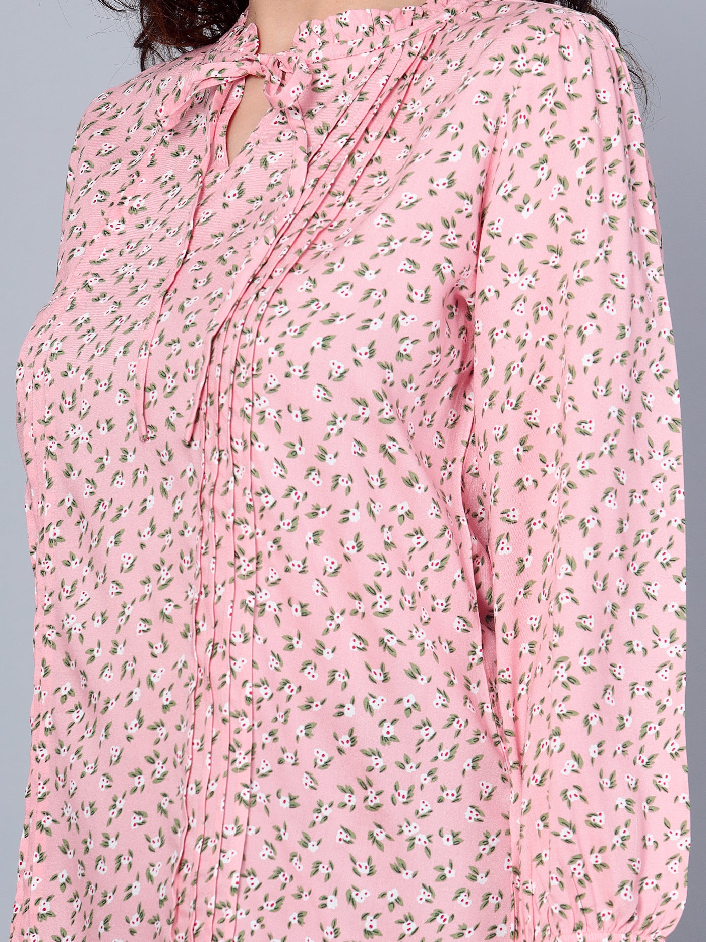Women's Casual Pink Floral Print Mandarin Collar with tie Top - Image 5
