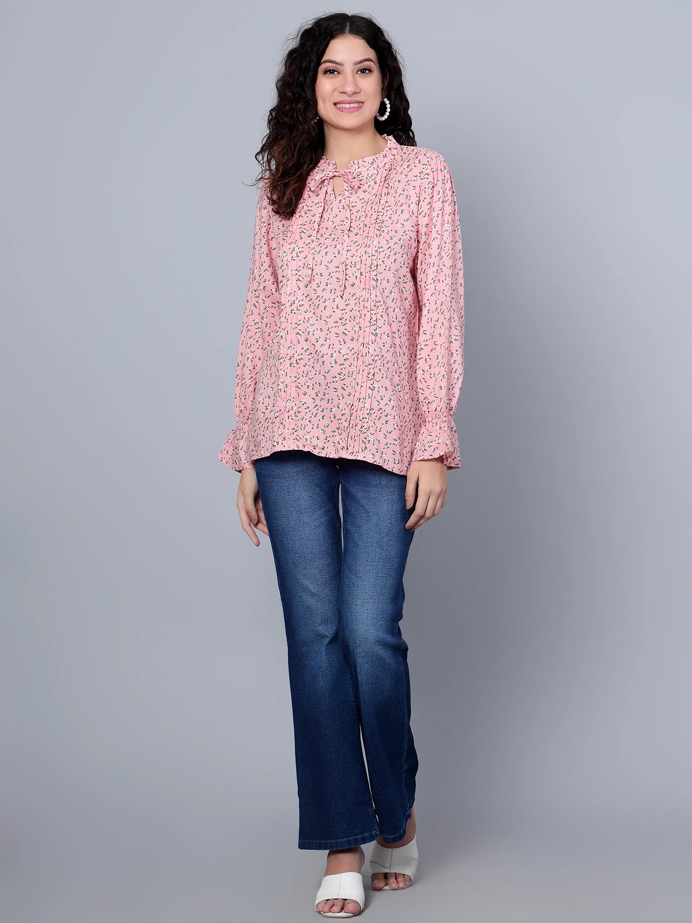 Women's Casual Pink Floral Print Mandarin Collar with tie Top - Image 6