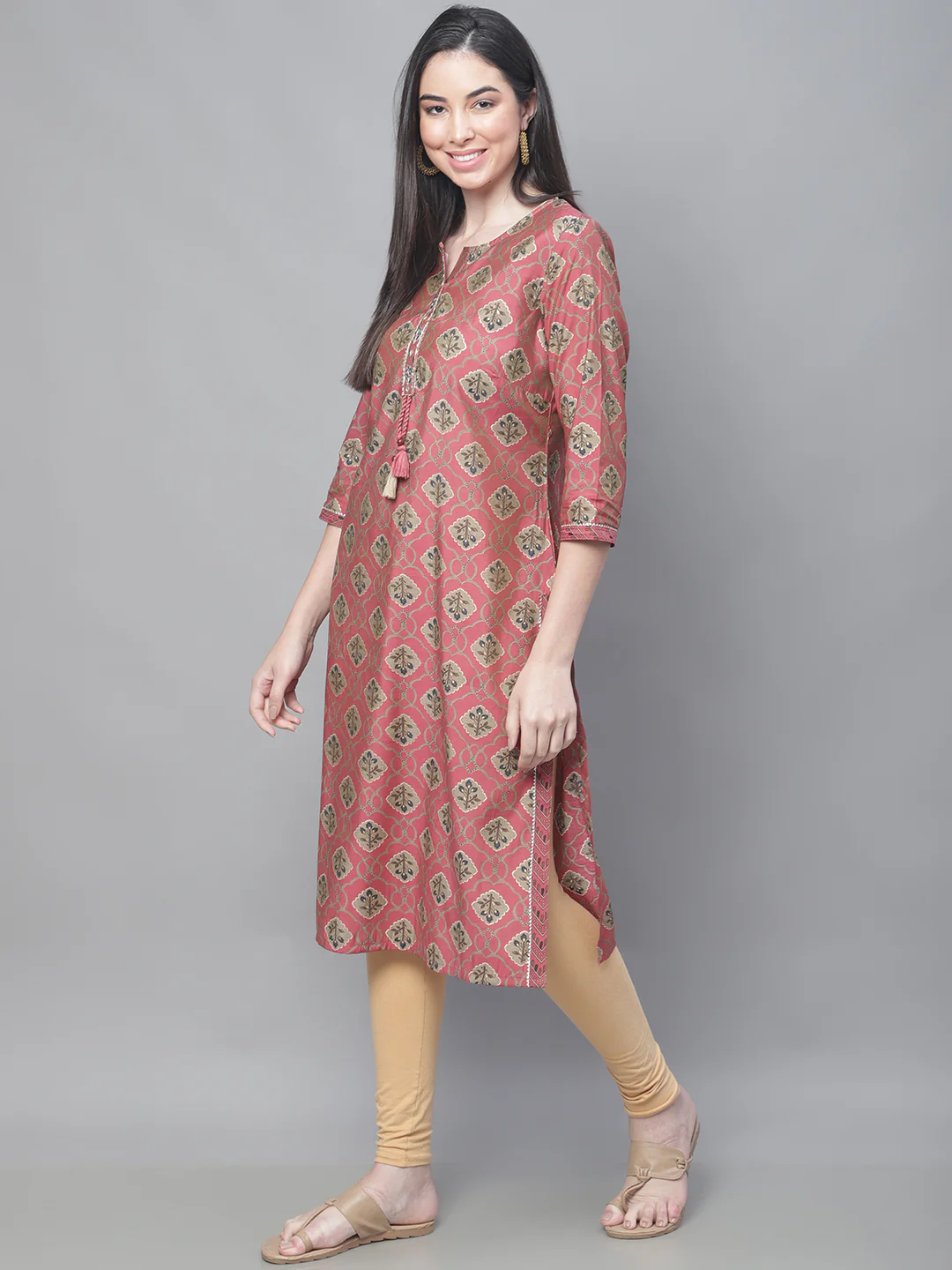 Women's Casual Round neck Pinkmix All over Printed Knee length Kurti - Image 3