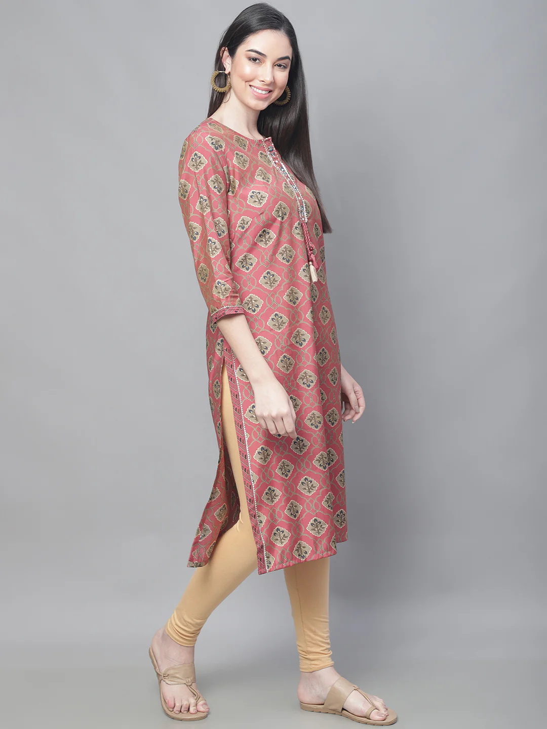 Women's Casual Round neck Pinkmix All over Printed Knee length Kurti - Image 4