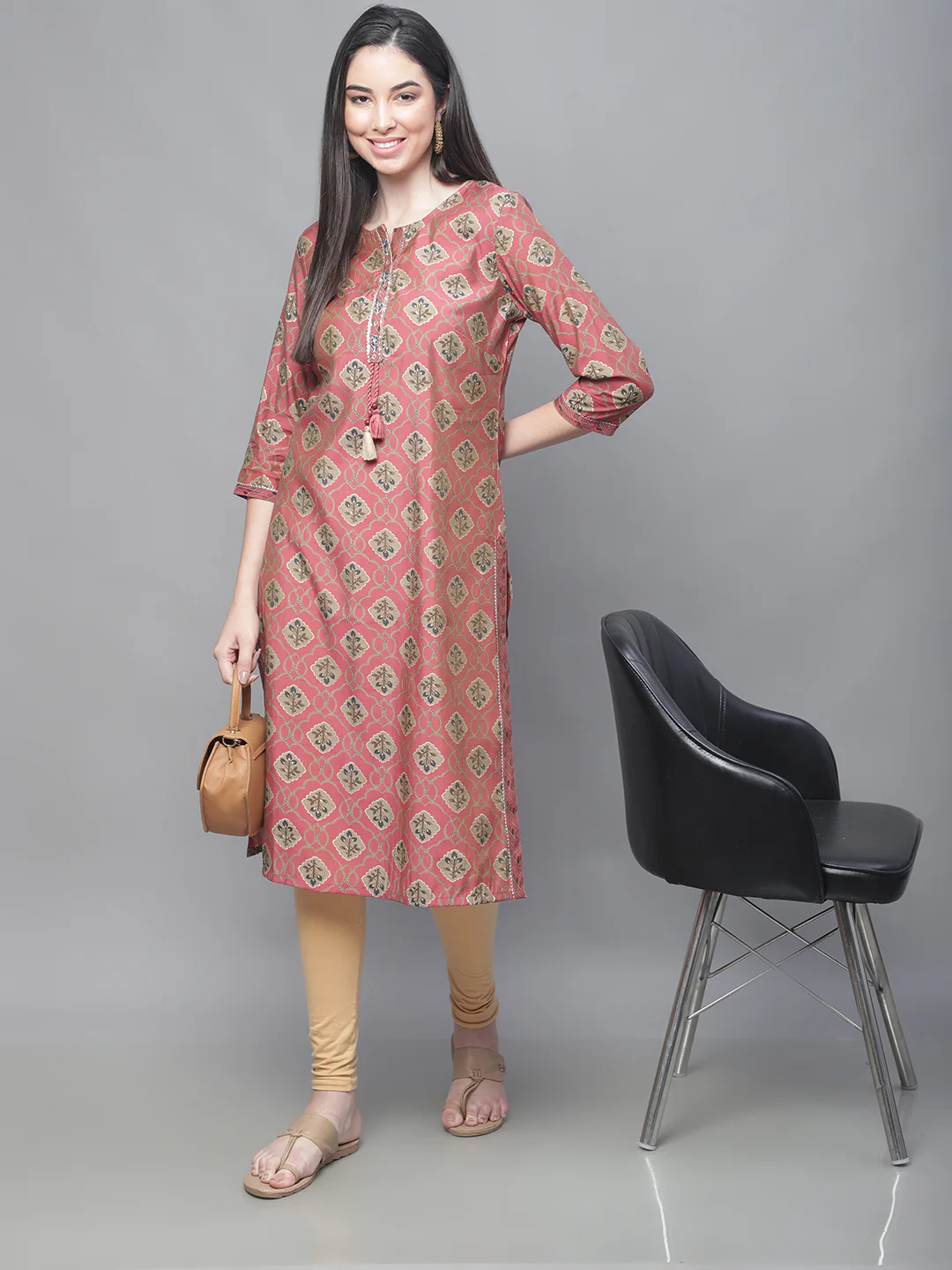 Women's Casual Round neck Pinkmix All over Printed Knee length Kurti - Image 5